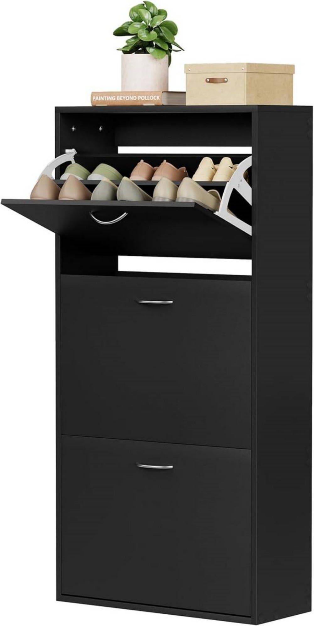 SCHUHKIPPER 58x23x118 cm, Schwarz - Silberfarben/Schwarz, Holzwerkstoff (58/118/23cm) - Woltu