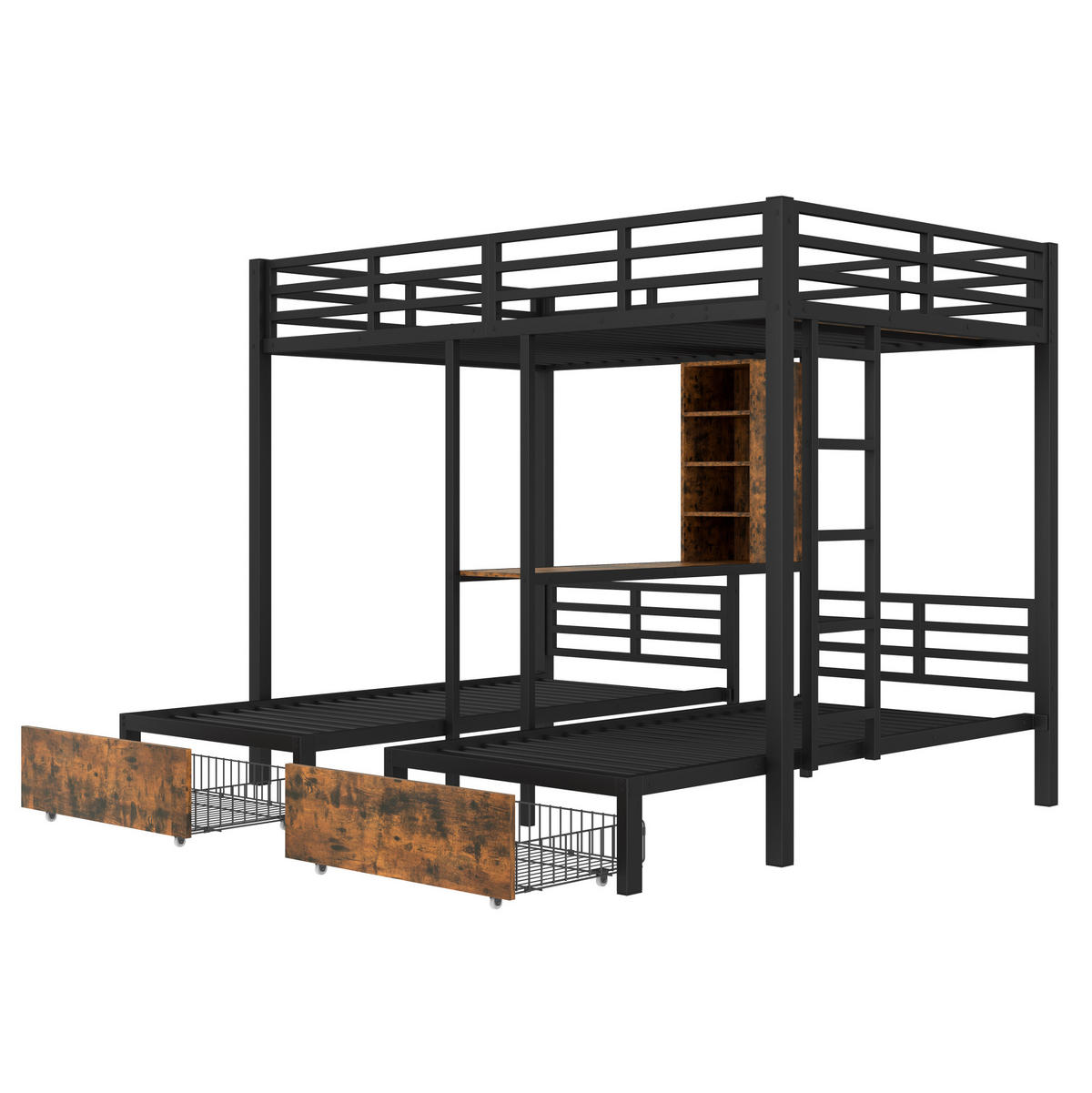 ETAGENBETT 140/200 + 90/200 cm aus Metall und MDF mit 3 Schlafplätzen und 2 Schubladen Schwarz - Schwarz, Holzwerkstoff (140/200cm) - Modenvie