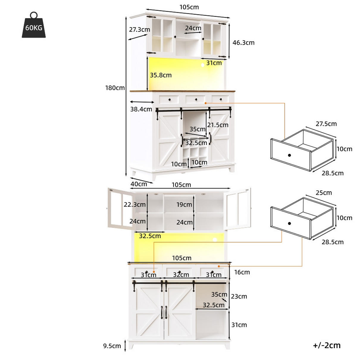KÜCHENSCHRANK Küchenbuffet mit LED Beleuchtung, MDF Weiß, Farmhouse Stil, 105/38,4/180 cm - Weiß, Kunststoff (38.4/180/105cm) - Rolipo