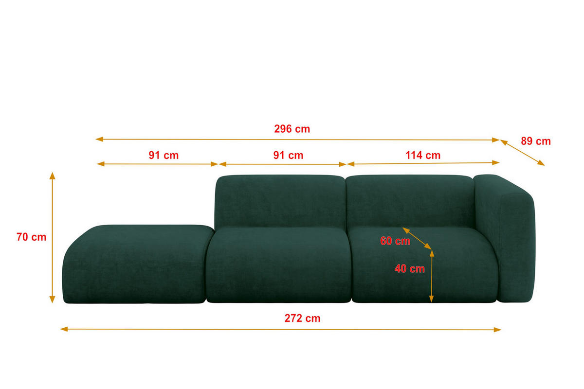 SOFA Ottomane Rechts MIRA-S3 296x89x70 Grün Velours - Dunkelgrün/Schwarz, Holzwerkstoff/Kunststoff (296/70/89cm) - ALTDECOR