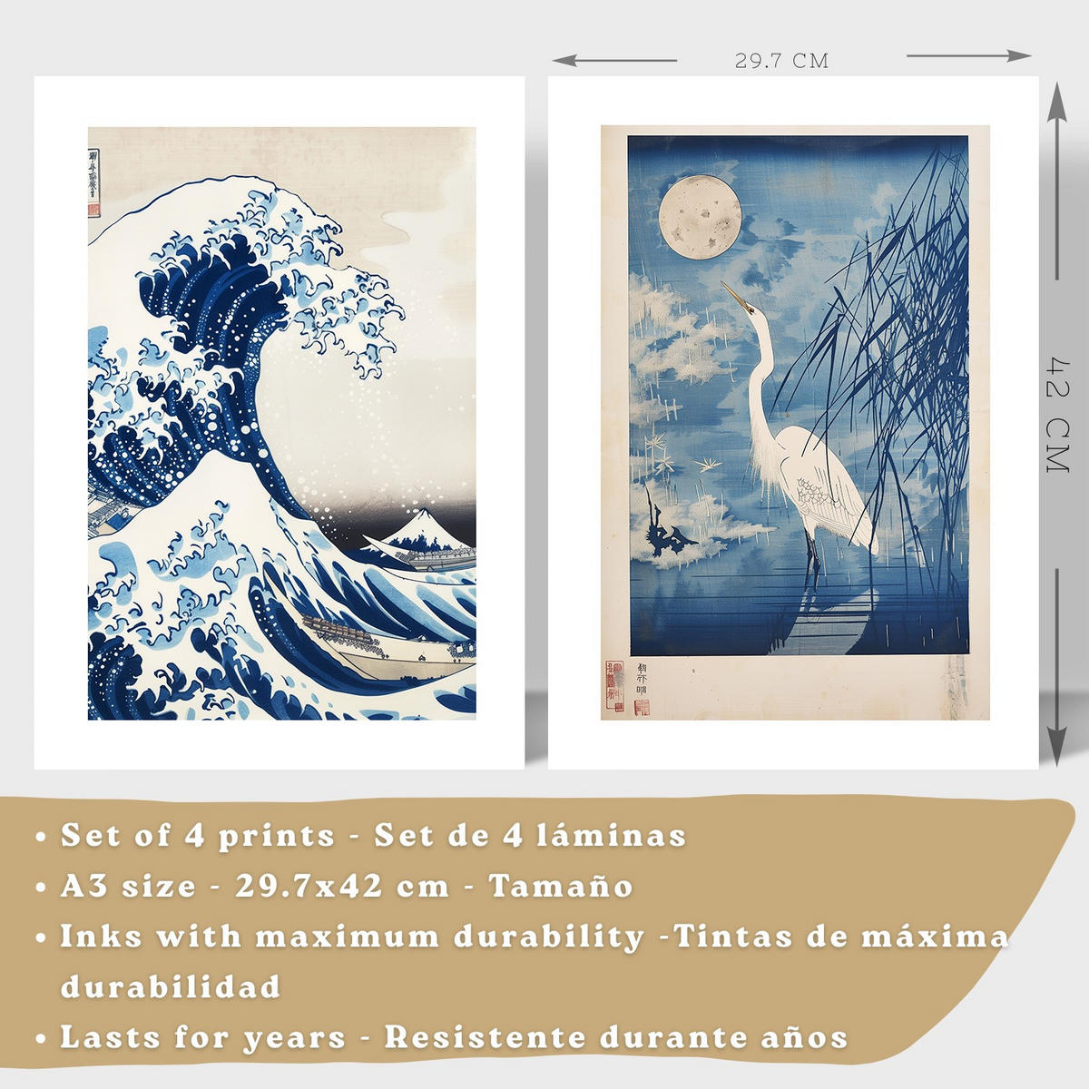PLAKAT Sada 4 Japan Blue A3 Bílý rám - bílá, papír (29.7/1/42cm) - Nacnic