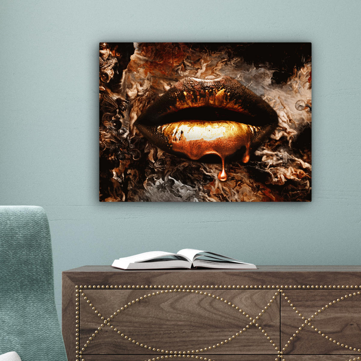 LEINWANDBILD Gold - Lippen - Kunst - Gold - Luxus - Abstrakt Wandbild 40x30 cm - Kupferfarben, Textil (40/30cm) - MuchoWow