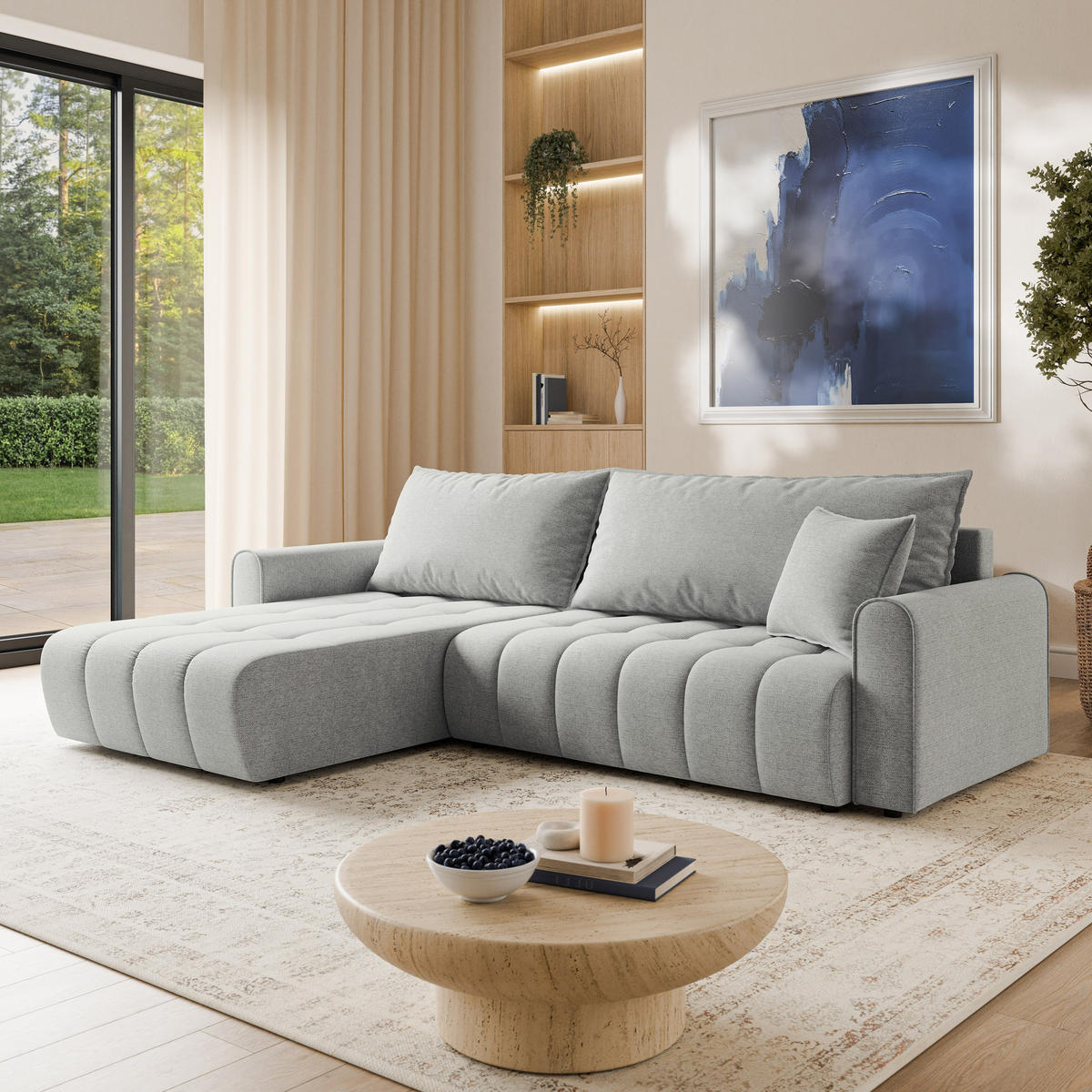ECKSOFA FRIGA Hellgrau Strukturstoff mit Schlaffunktion - Hellgrau, Holz (283/185cm) - MASSENO