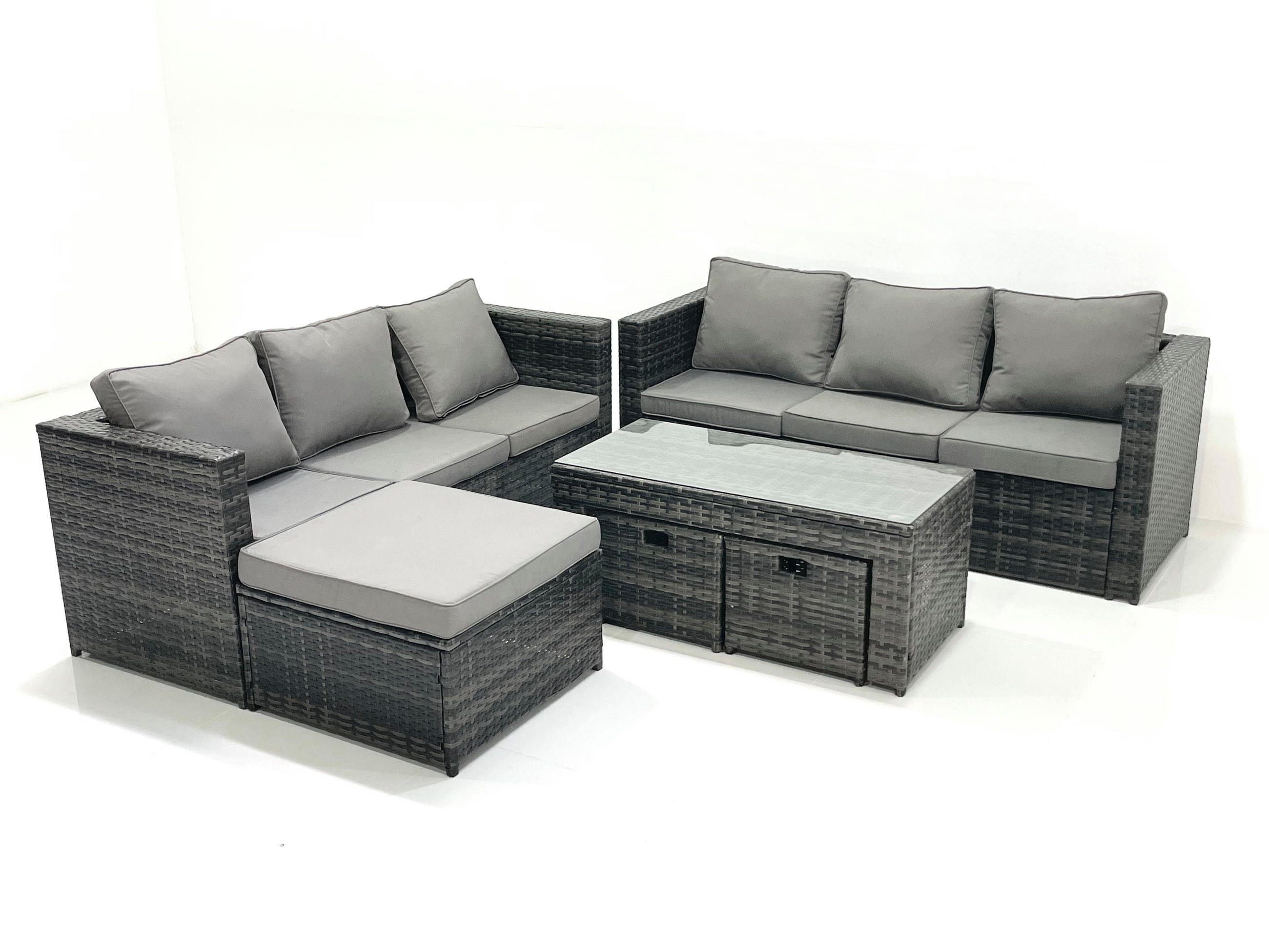 GARTENMÖBEL COUCHTISCH SET mit Sofa Polyrattan Outdoor 9-Sitzer - Dunkelgrau/Grau, Glas/Kunststoff - Fimous