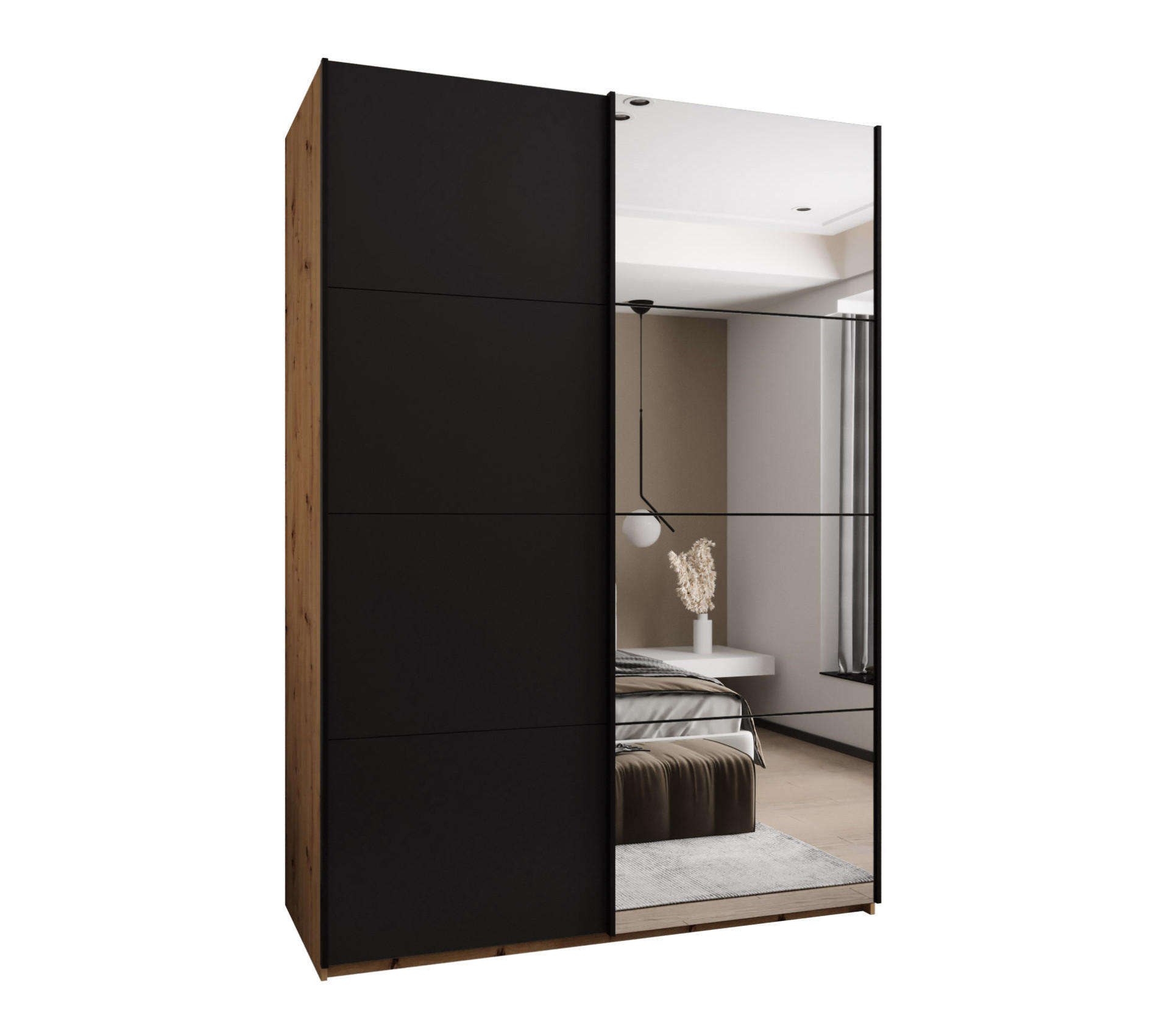 Abiks Möbel Schwebetürenschrank Eiche Artisan, Schwarz, Schwarz 180x245x64 cm