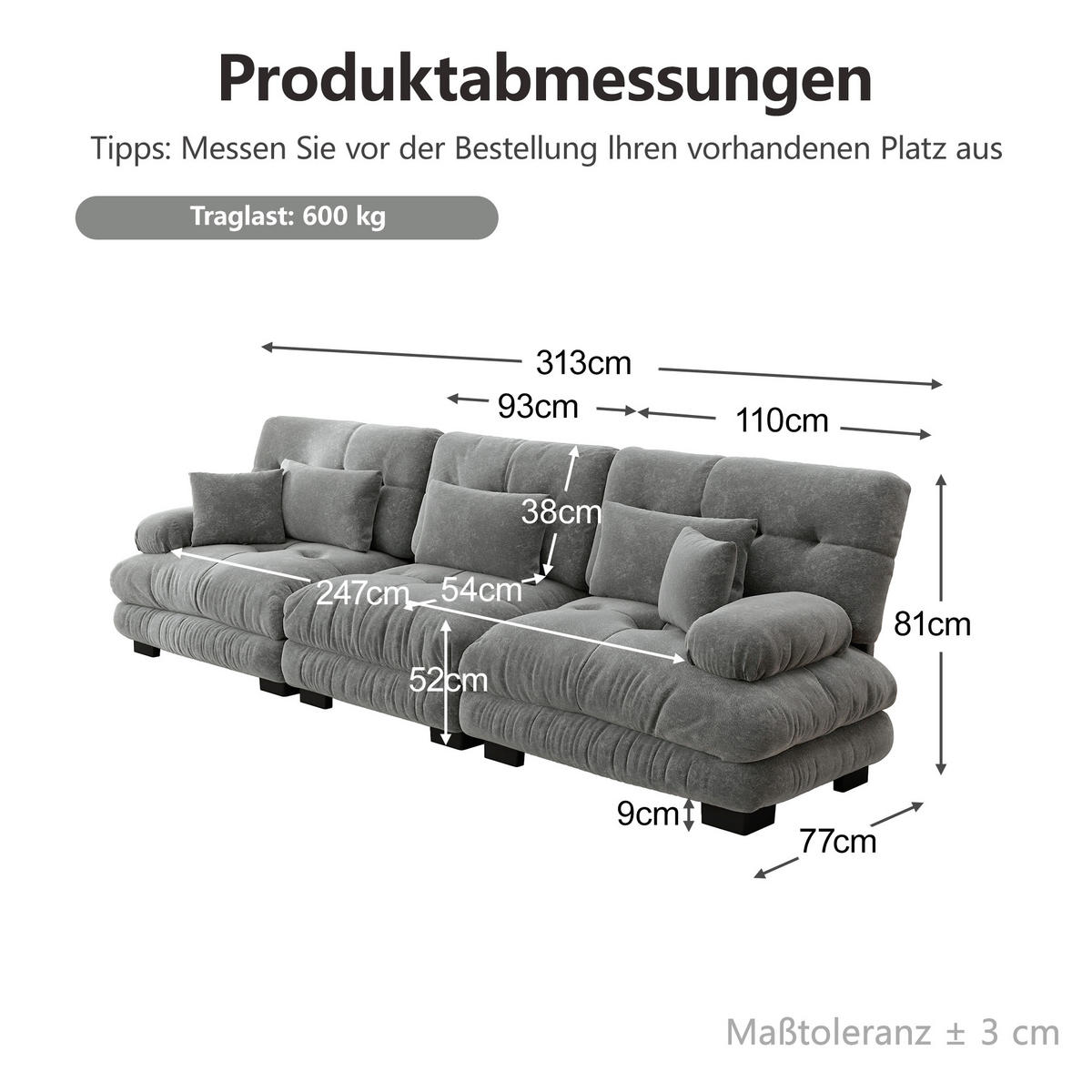 3-SITZER-SOFA DE-34065 modular mit Tiefensitz Grau - Grau, Holz (77/81/313cm) - ComfortXL