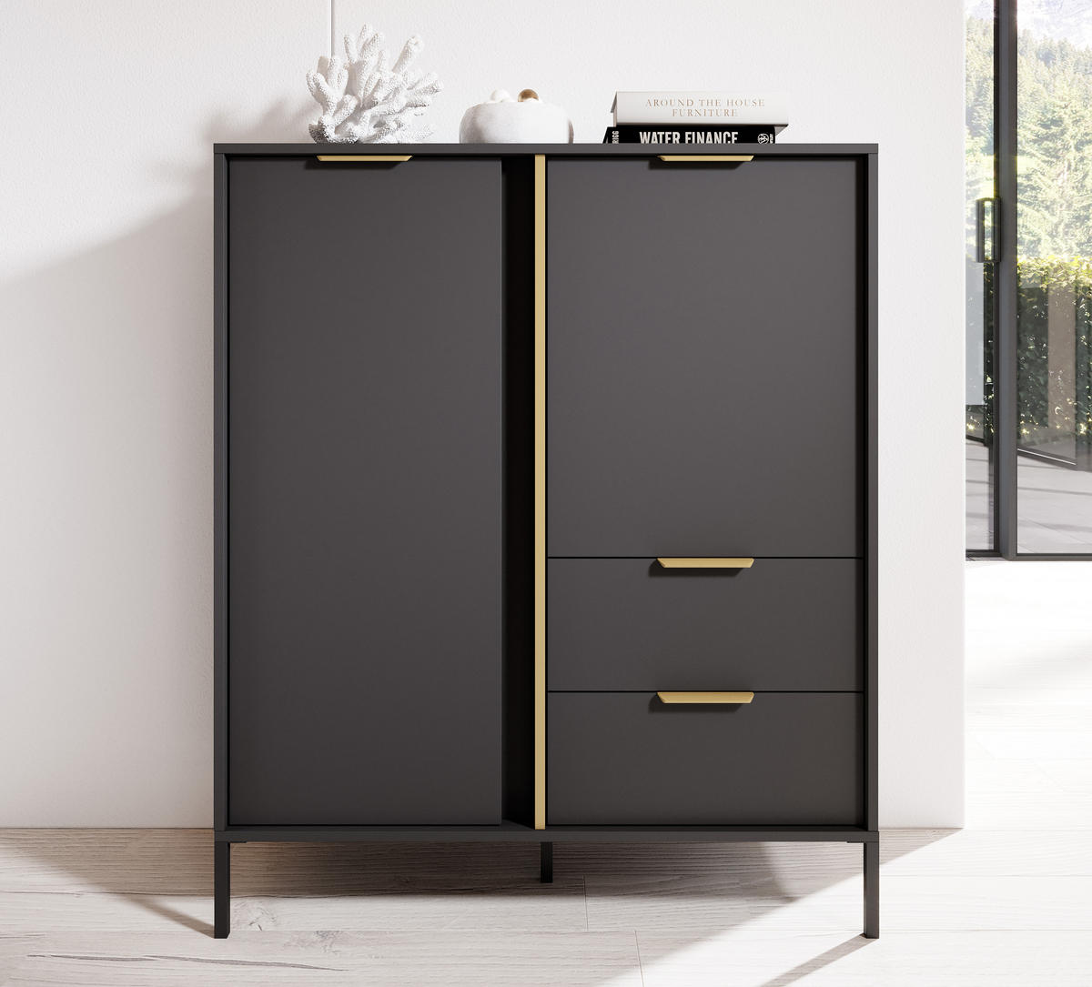 HIGHBOARD Catanian 2T 2S Grau 103,3/123,4/39,5 cm – mit goldenen Griffen und schwarzen Beinen - Schwarz/Grau, Holzwerkstoff/Metall (103.3/123.4/39.5cm) - AX Living