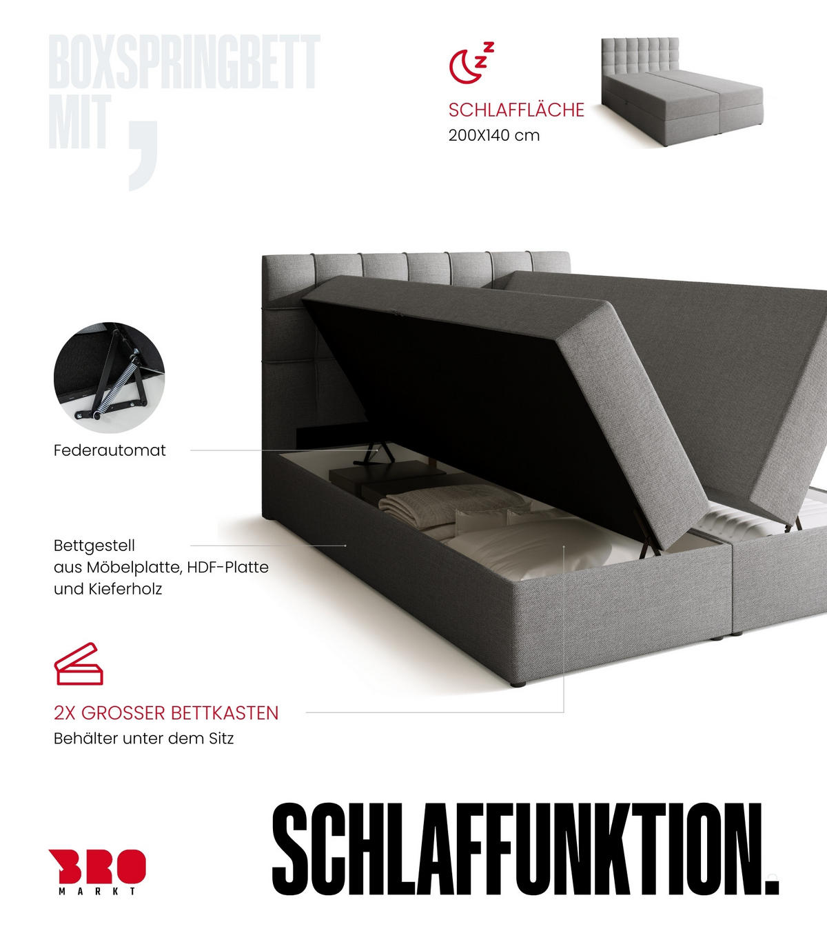BOXBETT Detroit mit Topper 140/200 Hellgrau - Hellgrau, Holzwerkstoff/Textil (140/200cm) - Bromarkt
