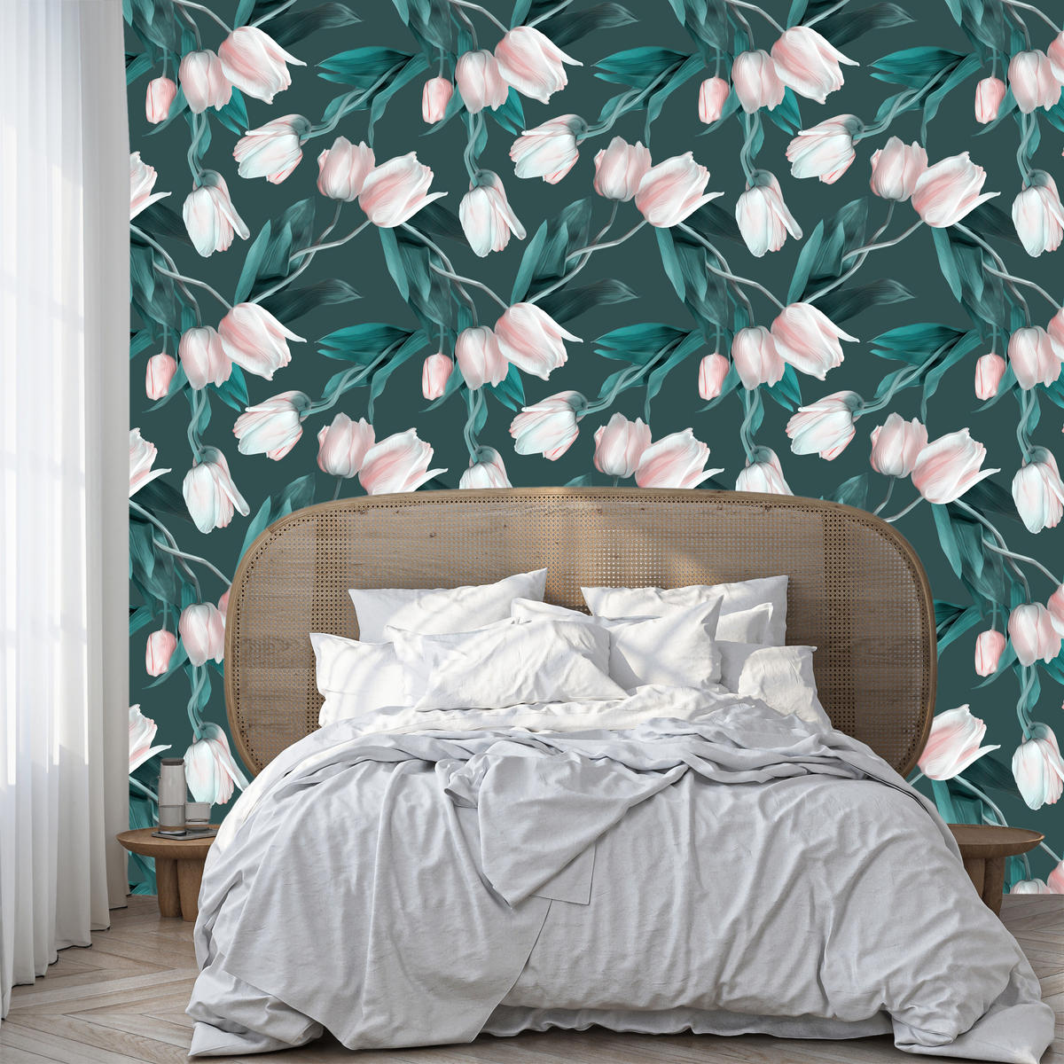 VLIESTAPETE Tulpen in 3D-Optik – Rosa, Petrol – 50x1000 cm - Petrol/Rosa, Papier (50/1000cm) - Muralo