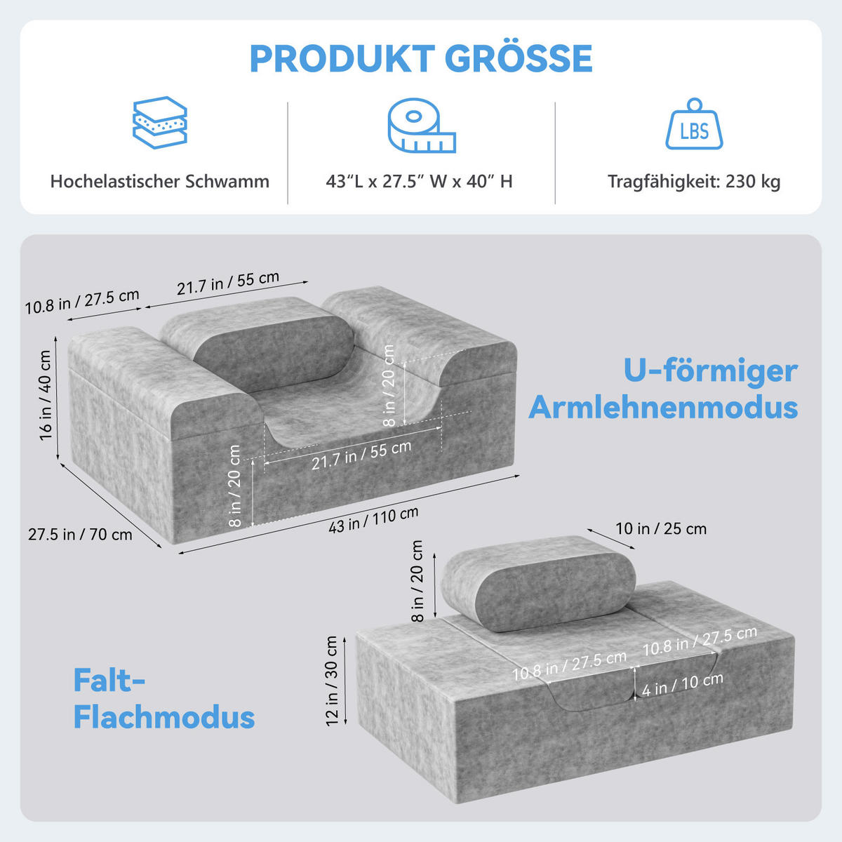 SOFA U-Form montiert hellgrau - Hellgrau, Textil (70/40/110cm) - Vercart