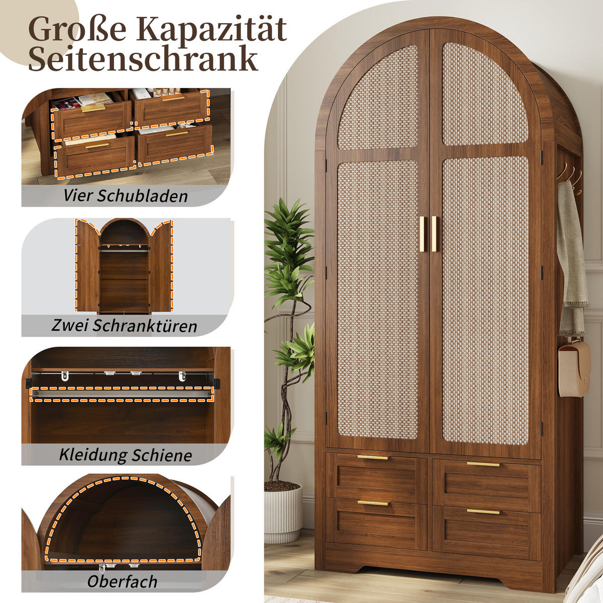 KLEIDERSCHRANK in Walnussfarben mit Kleiderstange und Schubladen für Flur und Schlafzimmer, B80/T50/H179 cm - Nussbaumfarben, Holzwerkstoff/Metall (80/139/50cm) - STILVORA