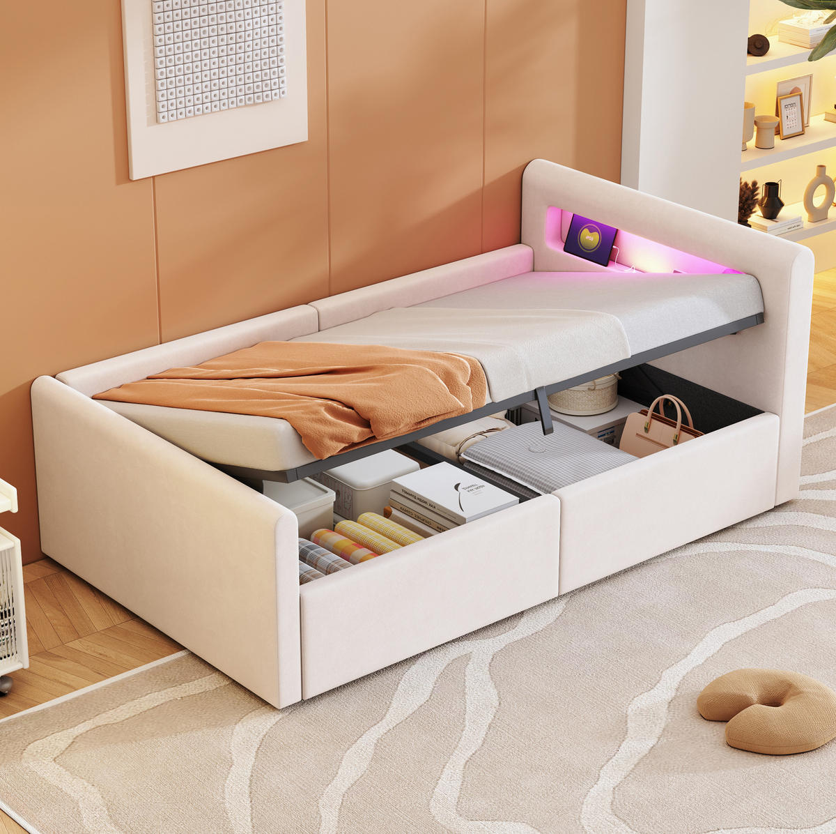 KINDERBETT 90/200 cm aus Samtstoff mit LED-Kopfteil und hydraulischem Stauraum Beige - Beige, Textil (90/200cm) - Modenvie