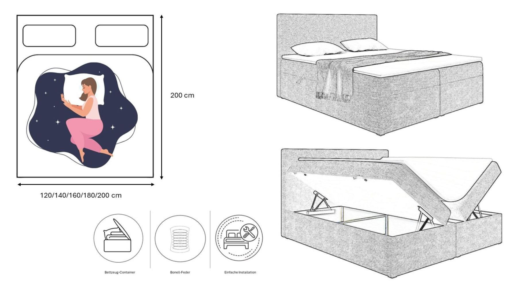 Thumbnail - Kaiser Möbel Boxbett, Dunkelblau, Textil, Teilmassiv,Kiefer,Kiefer, 2-Schicht, 2 Schubladen, H3, Höhe ca. 20 cm, Füllung...