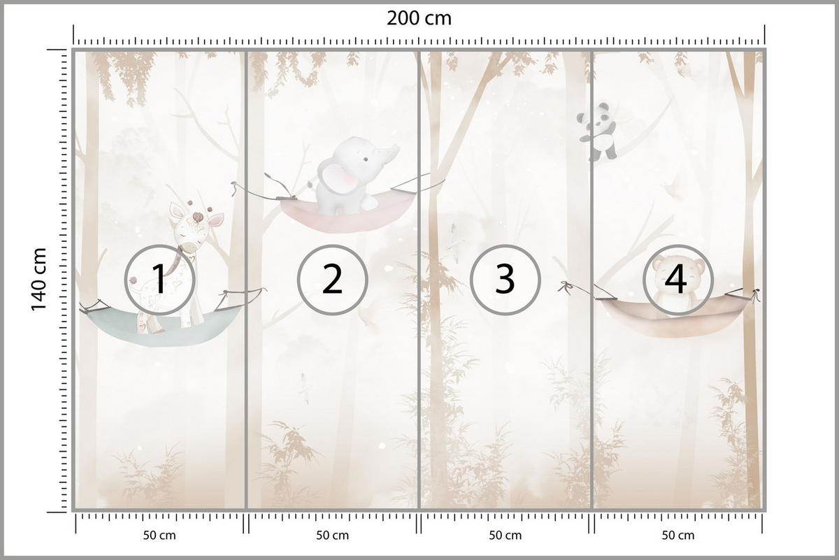 FOTOTAPETE für Kinderzimmer Tiere Hängematten WALD Elefant Giraffe 200x140 - Beige/Schwarz, Papier (200/140cm) - Muralo