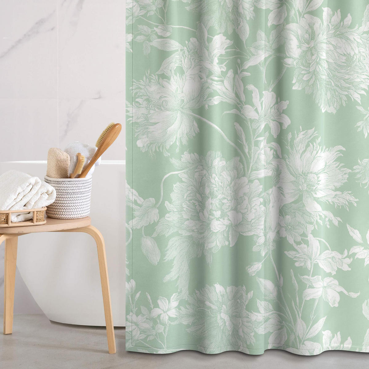 DUSCHVORHANG Floraler Kupferstich Weißgrün 200/180 cm - Grün, Textil (200/180cm) - Bilderwelten