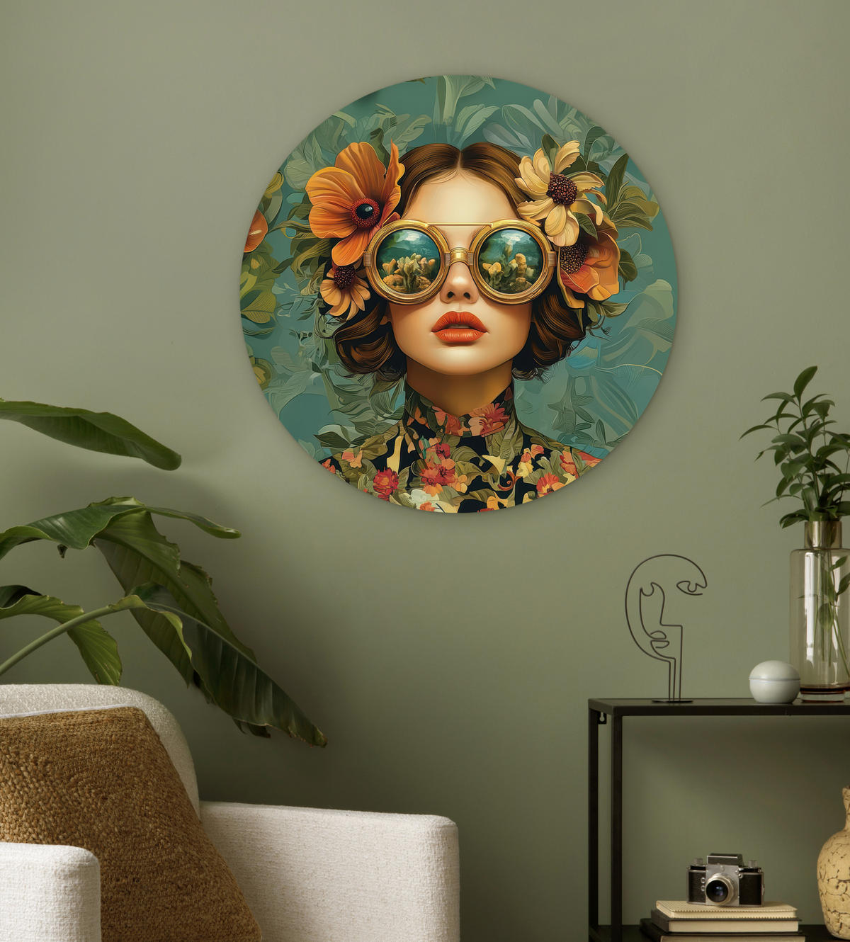 WANDBILD Frau - Blumen - Schmetterlinge - Natur - Vintage 60x60 cm - Petrol, Kunststoff (60/60cm) - MuchoWow