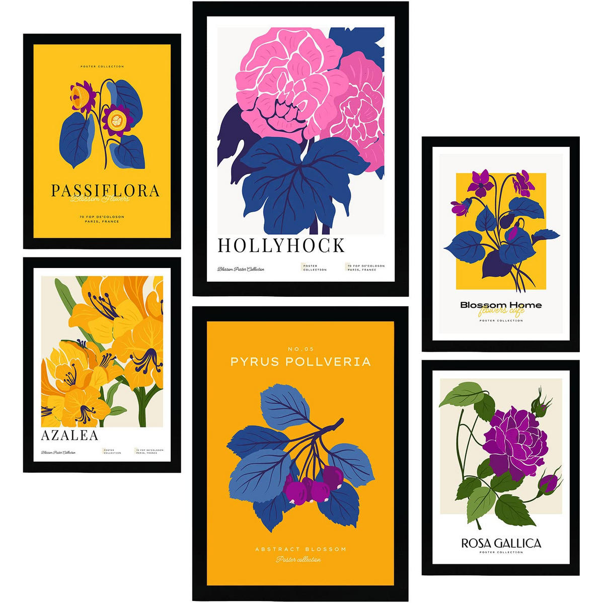 POSTER Set Mit 6 Blumen Gewächshaus Natur Und Botanikdrucke Für Innenarchitektur A3 & A4 Schwarzer Rahmen - Schwarz, Papier (29/3cm) - Nacnic