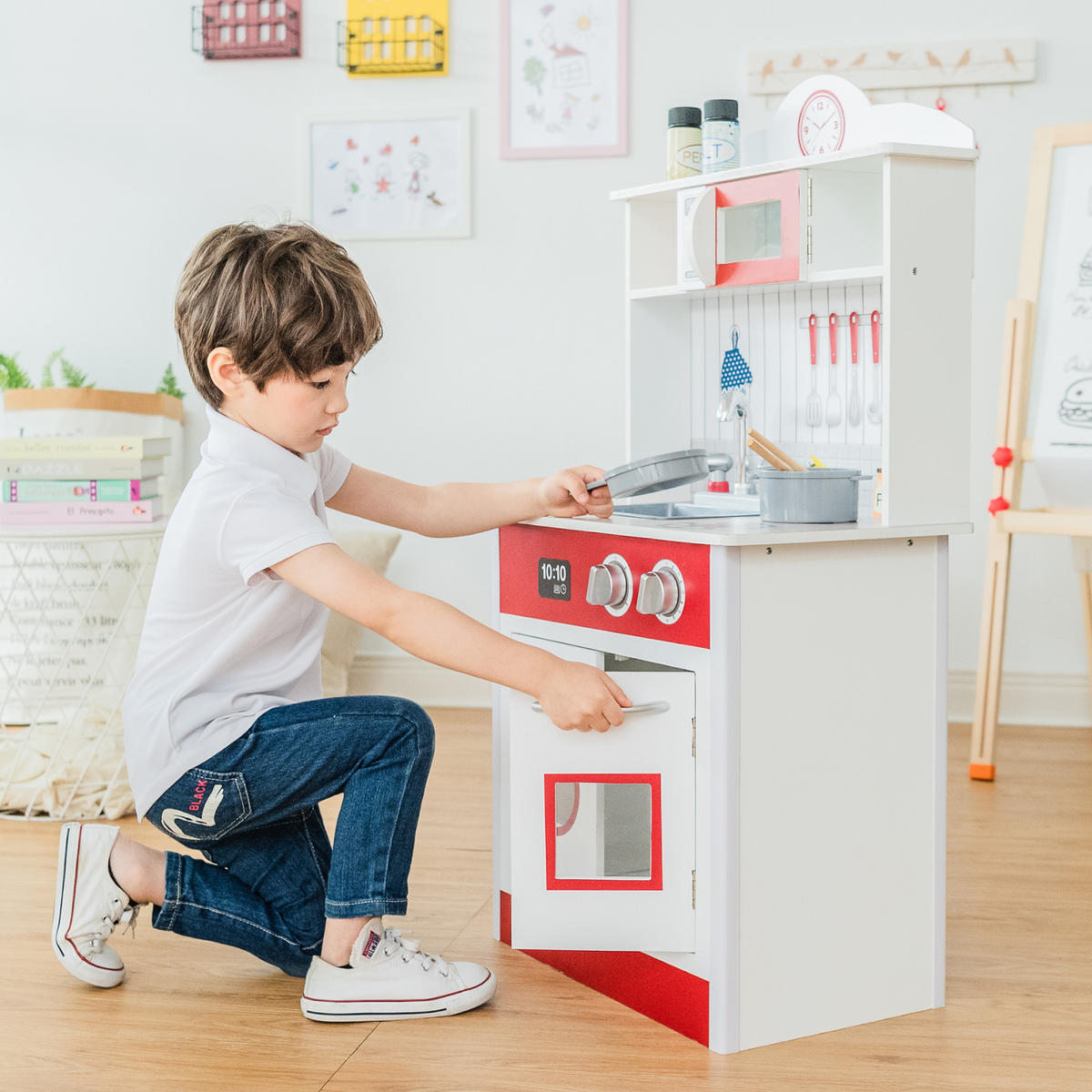 KINDERKÜCHE Spielküche, Rot/Weiß, 93cm - Rot, Holzwerkstoff (48/32/93cm) - Teamson Kids