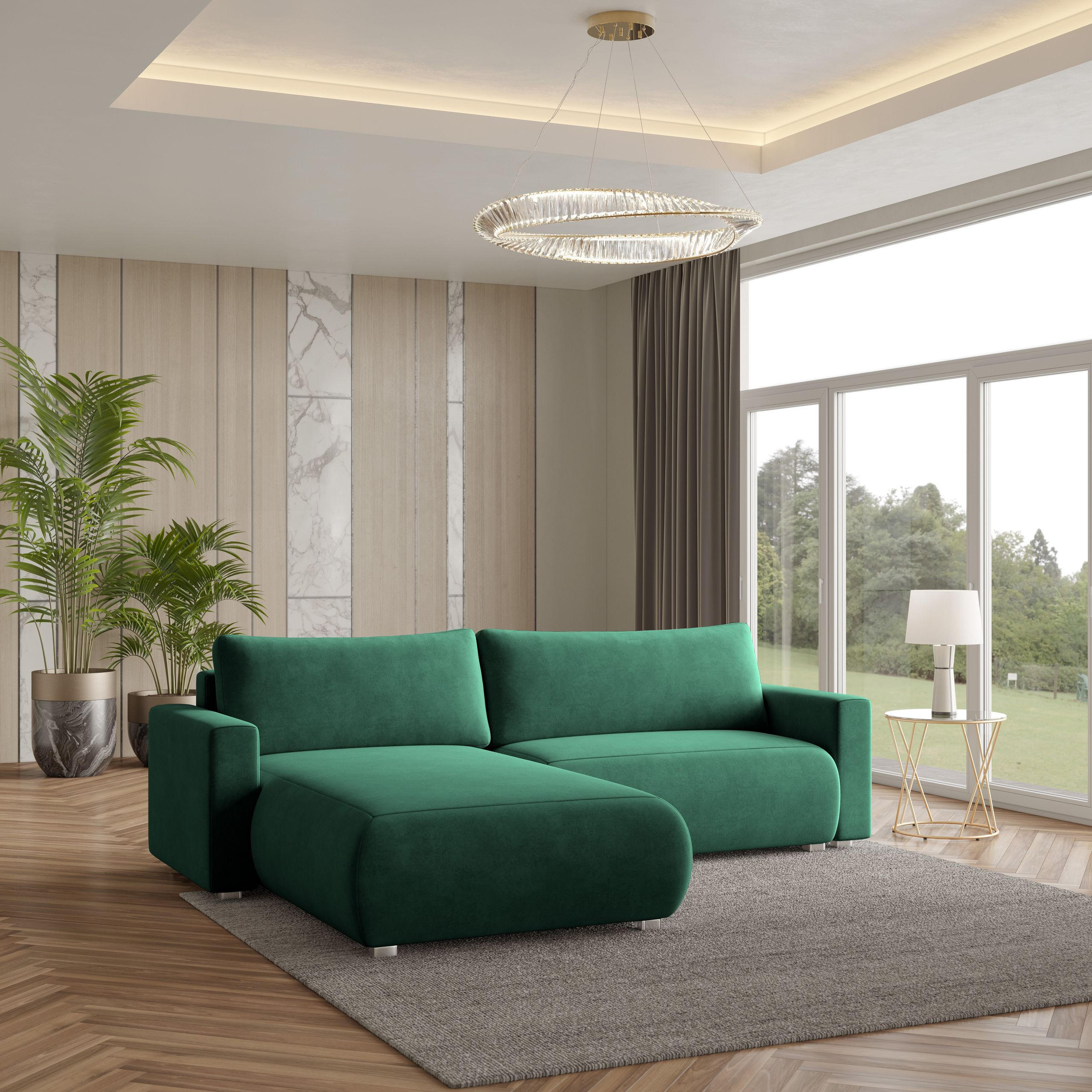 ECKSOFA TURIN M Grün Velours-Stoff mit Schlaffunktion - Grün, Holz (265/183cm) - MASSENO