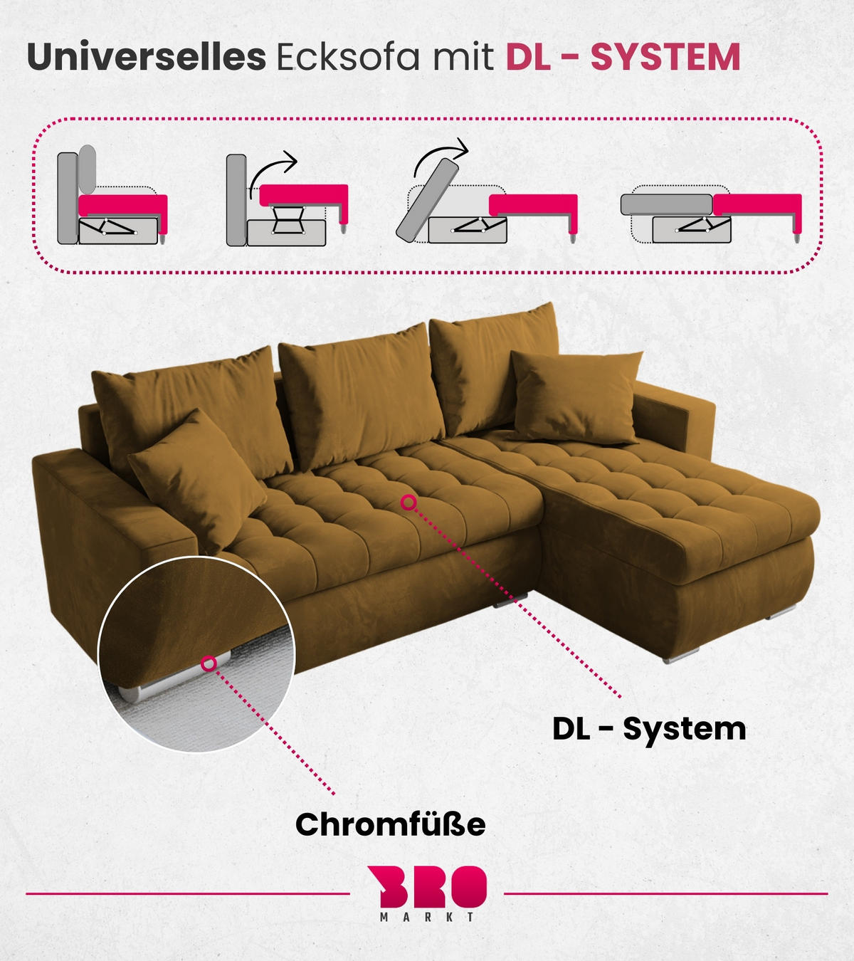 ECKSOFA Luis mit Schlaffunktion Honiggelb Samt - Silberfarben/Honig, Kunststoff/Textil (148/238cm) - Bromarkt
