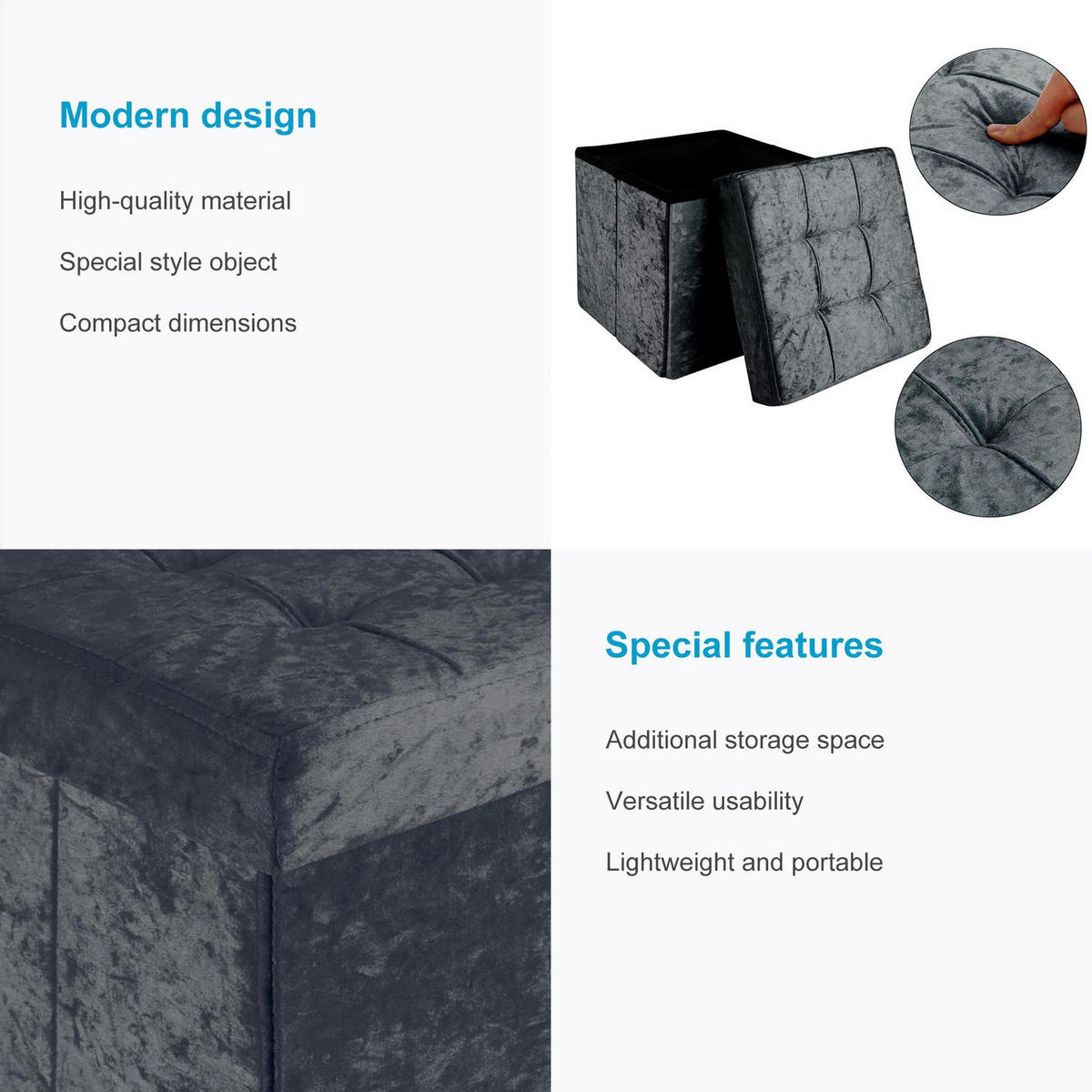 SITZHOCKER Faltbar mit Samtbezug 38/38/38 cm (Schwarz) - Schwarz, Karton (38/38/38cm) - Intirilife