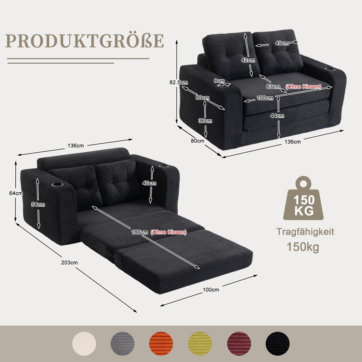 SCHLAFSOFA 2-Sitzer Sofa mit 2 Zierkissen,Lounge Sofa,Polstersofa,Cord,Schwarz - Schwarz, Textil (136/82.5/80cm) - LVHOM