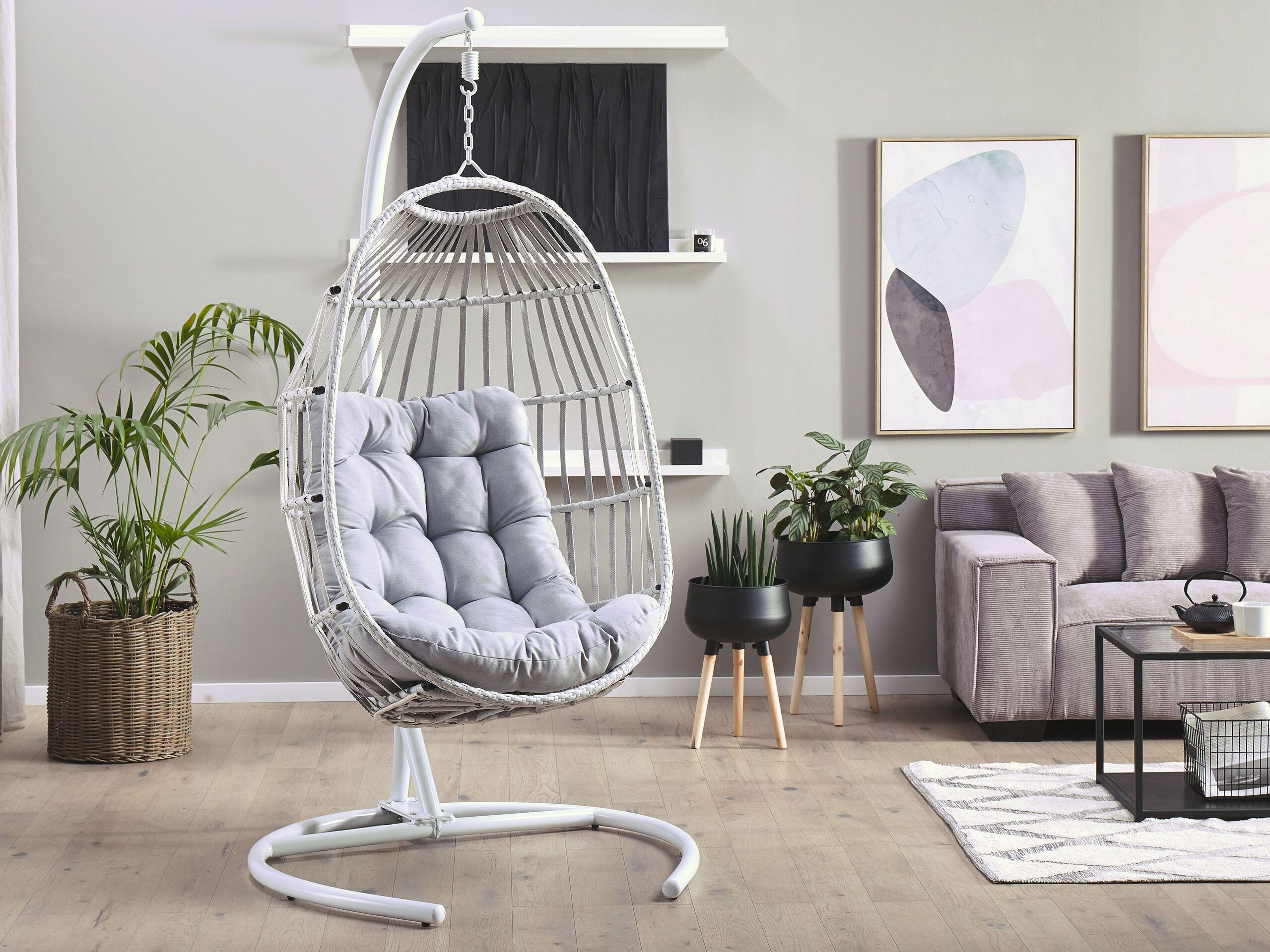 HÄNGESESSEL mit Gestell PE Rattan hellgrau 105 cm Sesia - Hellgrau, Textil (105/198/105cm) - Beliani