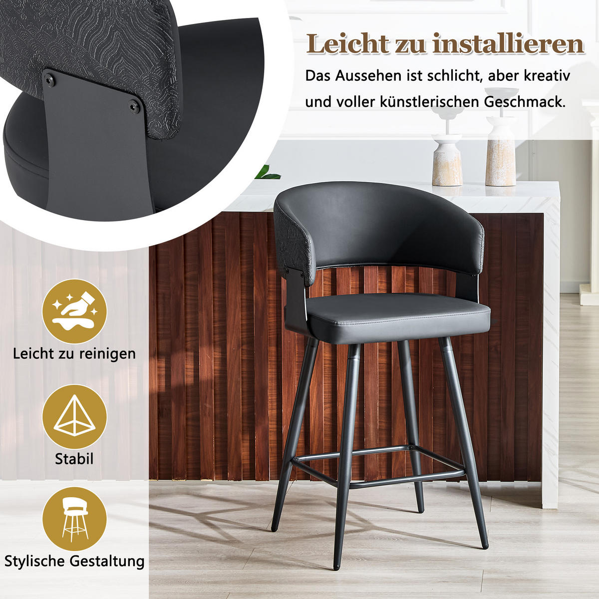 BARHOCKER DE-36674 2er Set mit PU-Bezug und Metallgestell Schwarz - Schwarz, Metall (47/94.5/46cm) - ComfortXL