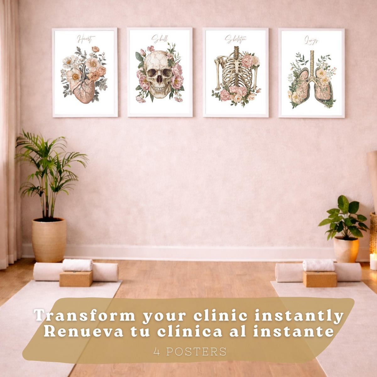 POSTER Set aus 4 Anatomie Mensch Florale Drucke und Wandbilder mit Herz Lungen Skelett und Schädel Stil Wanddekoration Größe Weißer Rahmen A3 - Weiß, Papier (29.7/42/3cm) - Nacnic