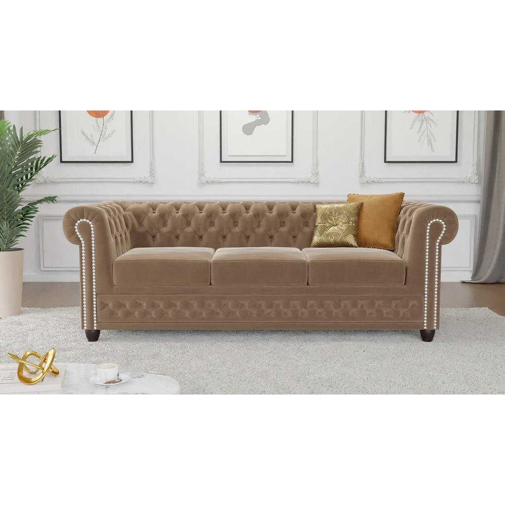 Thumbnail - S-Style Möbel Chesterfield-Sofa, Beige, Textil, Echtholz,Buche, Birke, 3-Sitzer, Füllung: Komfortschaum,Komfortschaum, 2...