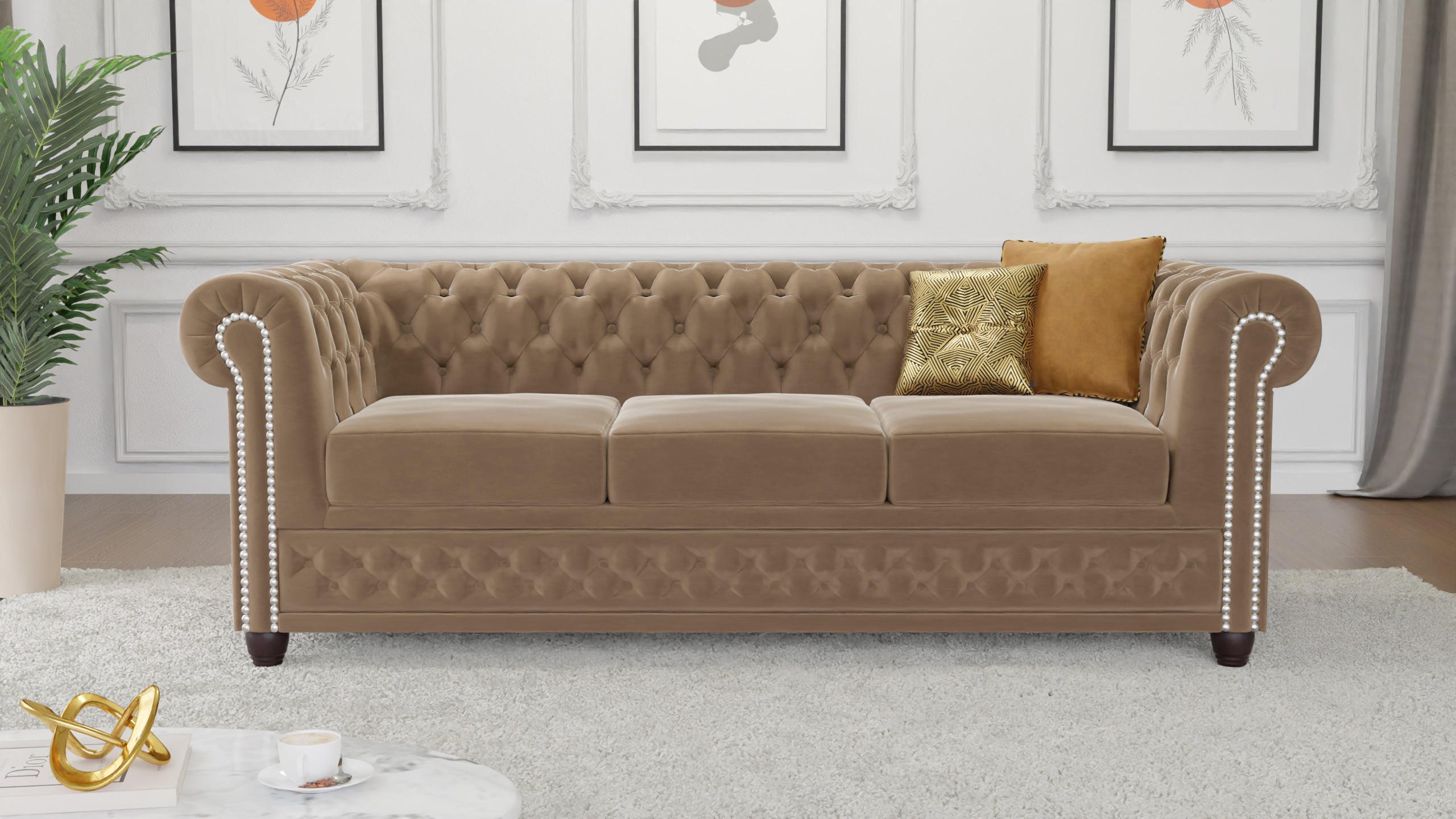 Thumbnail - S-Style Möbel Chesterfield-Sofa, Beige, Textil, Echtholz, Teilmassiv,Buche, Birke, 3-Sitzer, Füllung: Komfortschaum,Komf...
