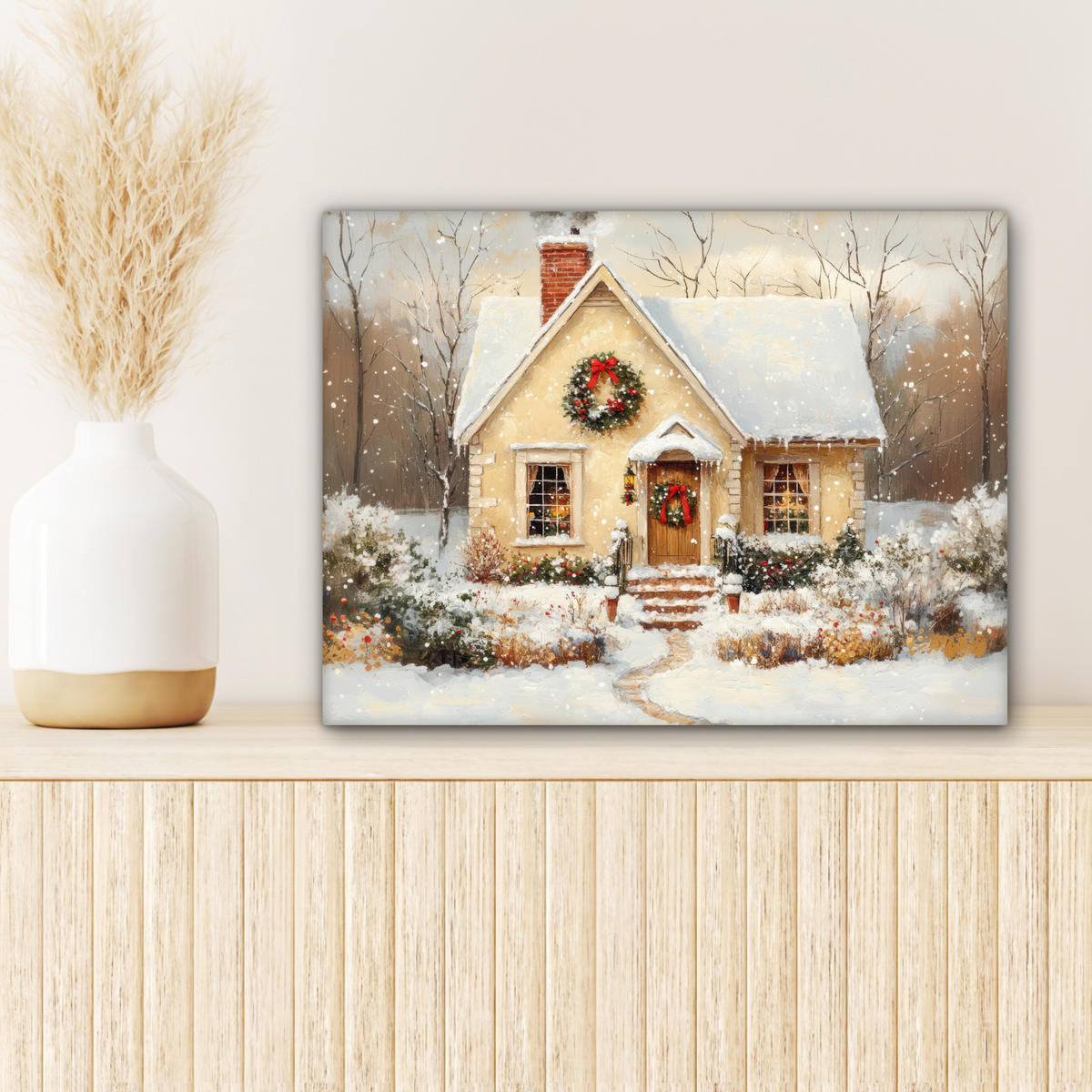 LEINWANDBILD Weihnachten - Zuhause - Winter - Schnee 40x30 cm - Creme, Textil (40/30cm) - MuchoWow