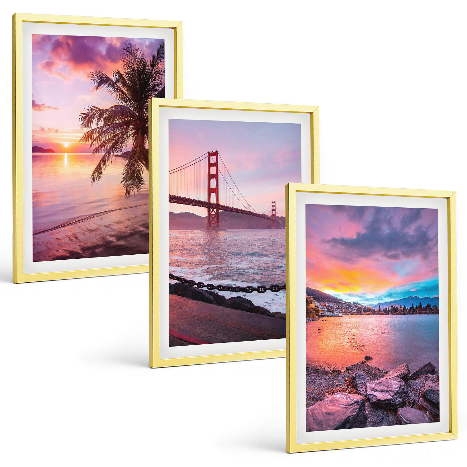 BILDER SET 3er Set - 40x60 cm Goldrahmen - Sonnenuntergangsbrücke Landschaft - Goldfarben, Kunststoff (40/60cm) - TULUP