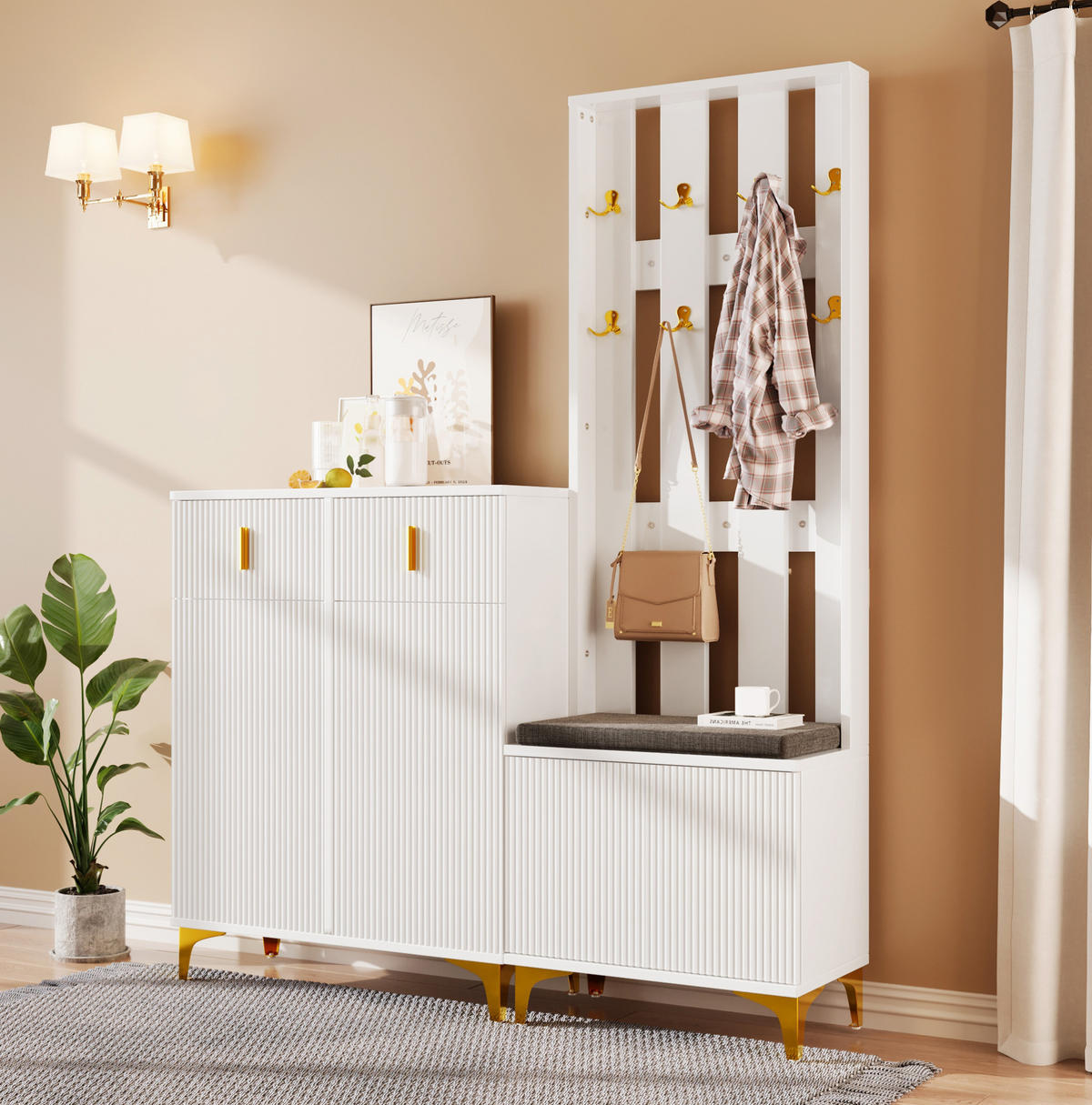 DIELENGARDEROBE in Weiß mit Sitzbank und Schuhschrank, B/T/H ca. 143,5/35,2/180,5 cm - Weiß, Holzwerkstoff (83/101/35cm) - BEAOK