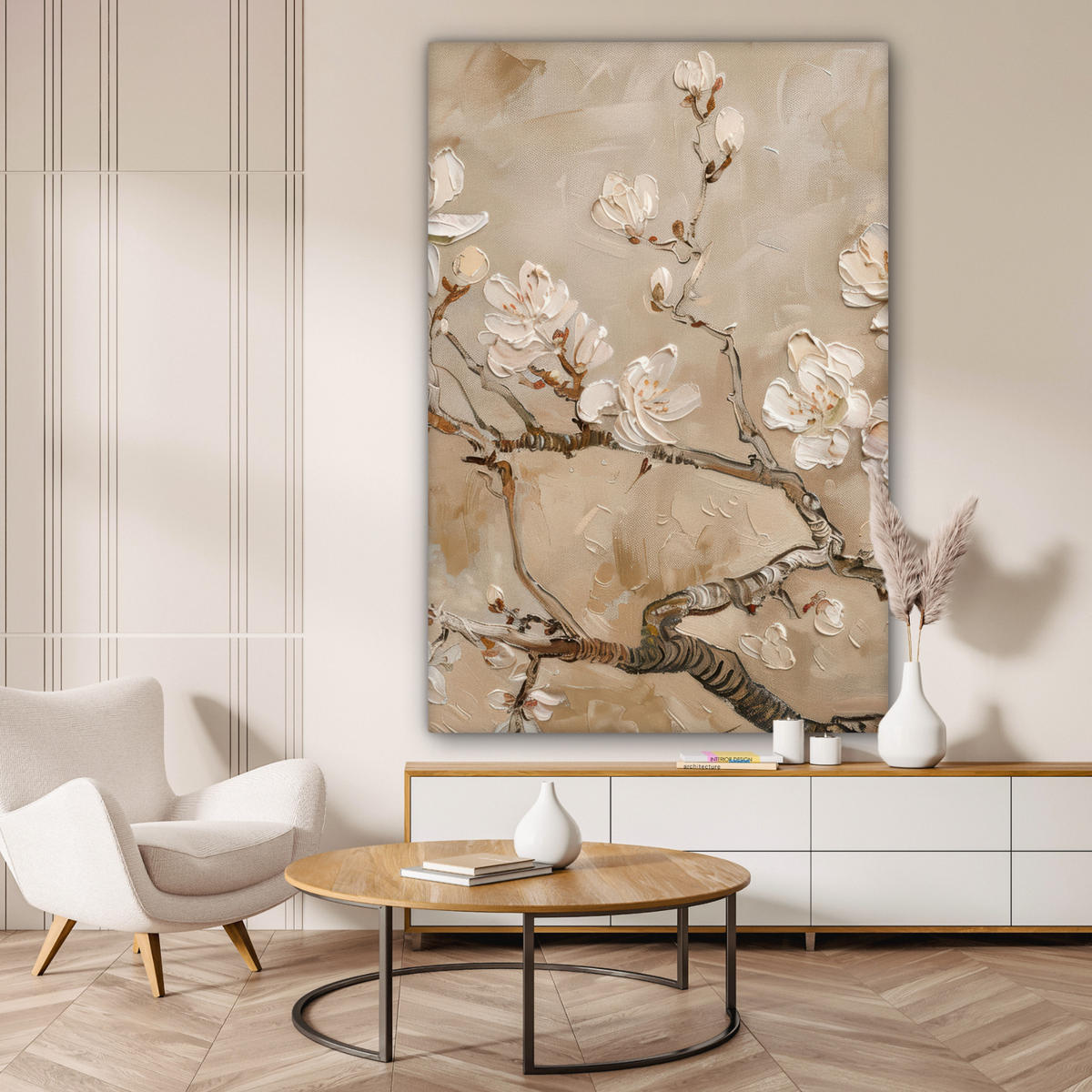 LEINWANDBILD Blumen - Modern - Beige - Weiß - Blüte Deko Groß 90x140 cm - Beige, Textil (90/140cm) - MuchoWow