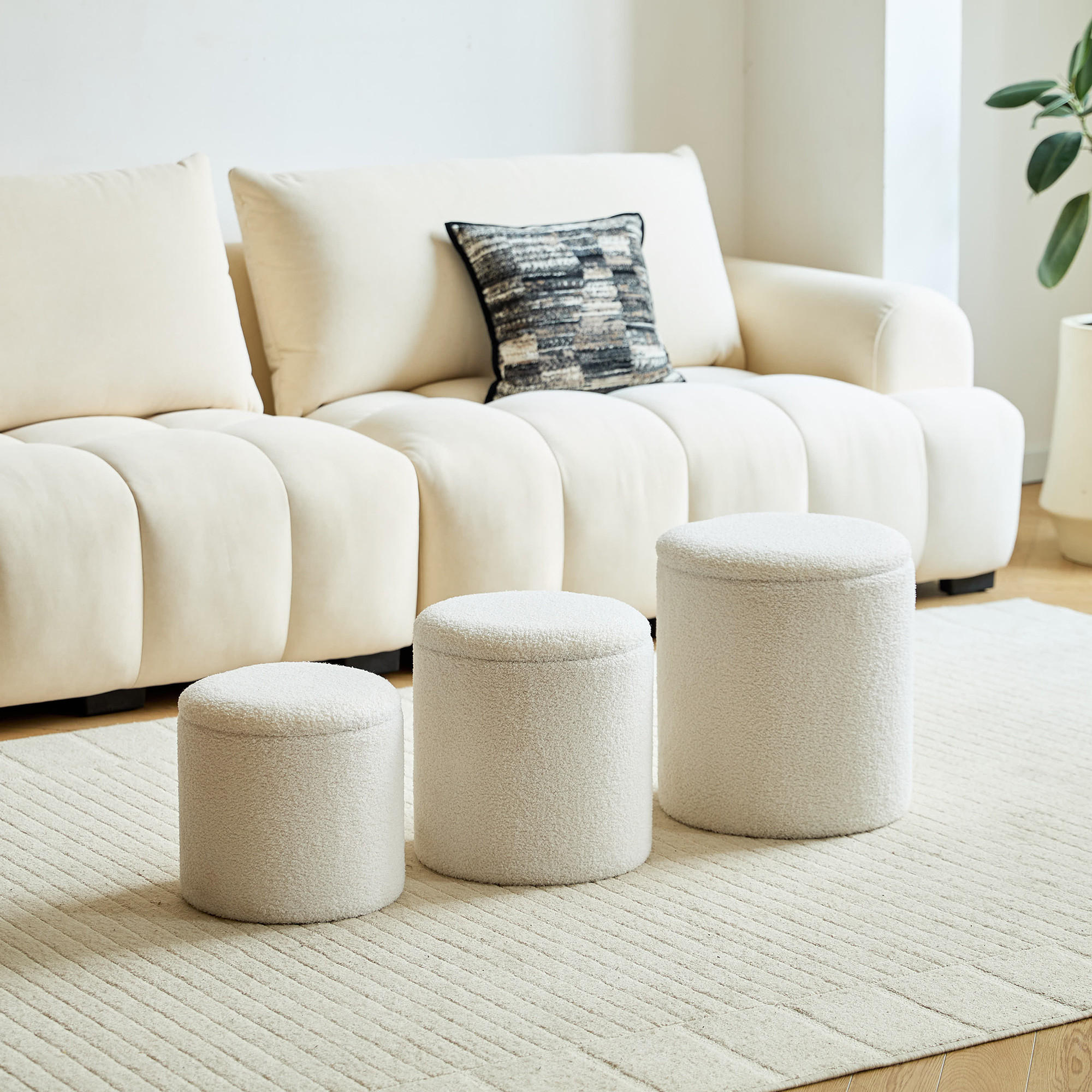 POUF Wolle Weiß 3er Set - Weiß, Textil (37/42/37cm) - Nordlys