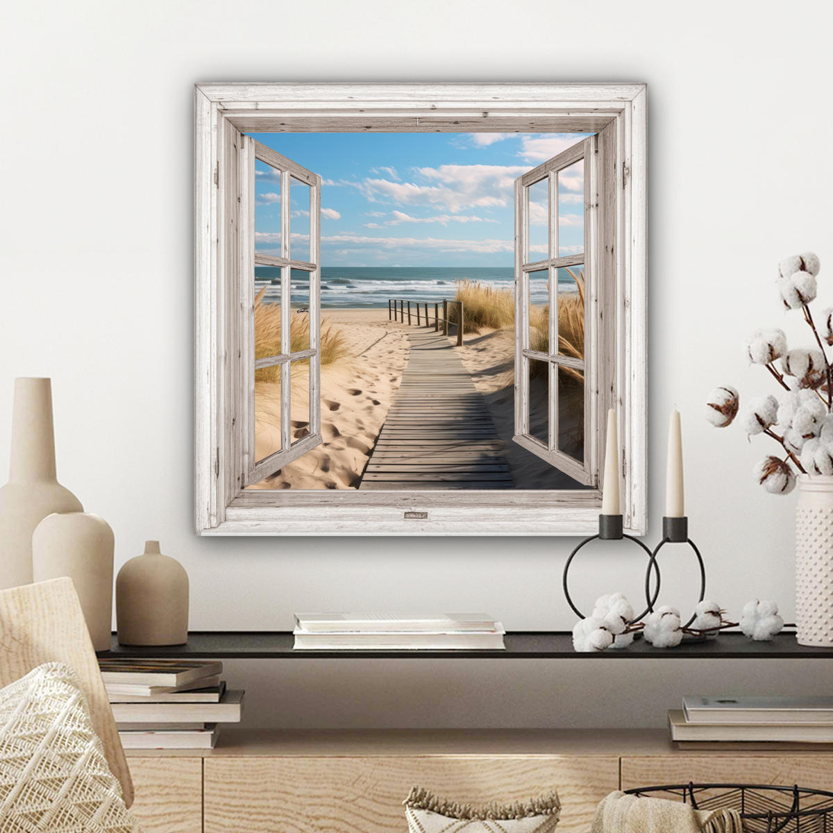 LEINWANDBILD Fenster - Meer - Küste - Natur - Ausblick - Strand - Wattenmeer Wandbild Wohnzimmer 50x50 cm - Beige, Textil (50/50cm) - MuchoWow