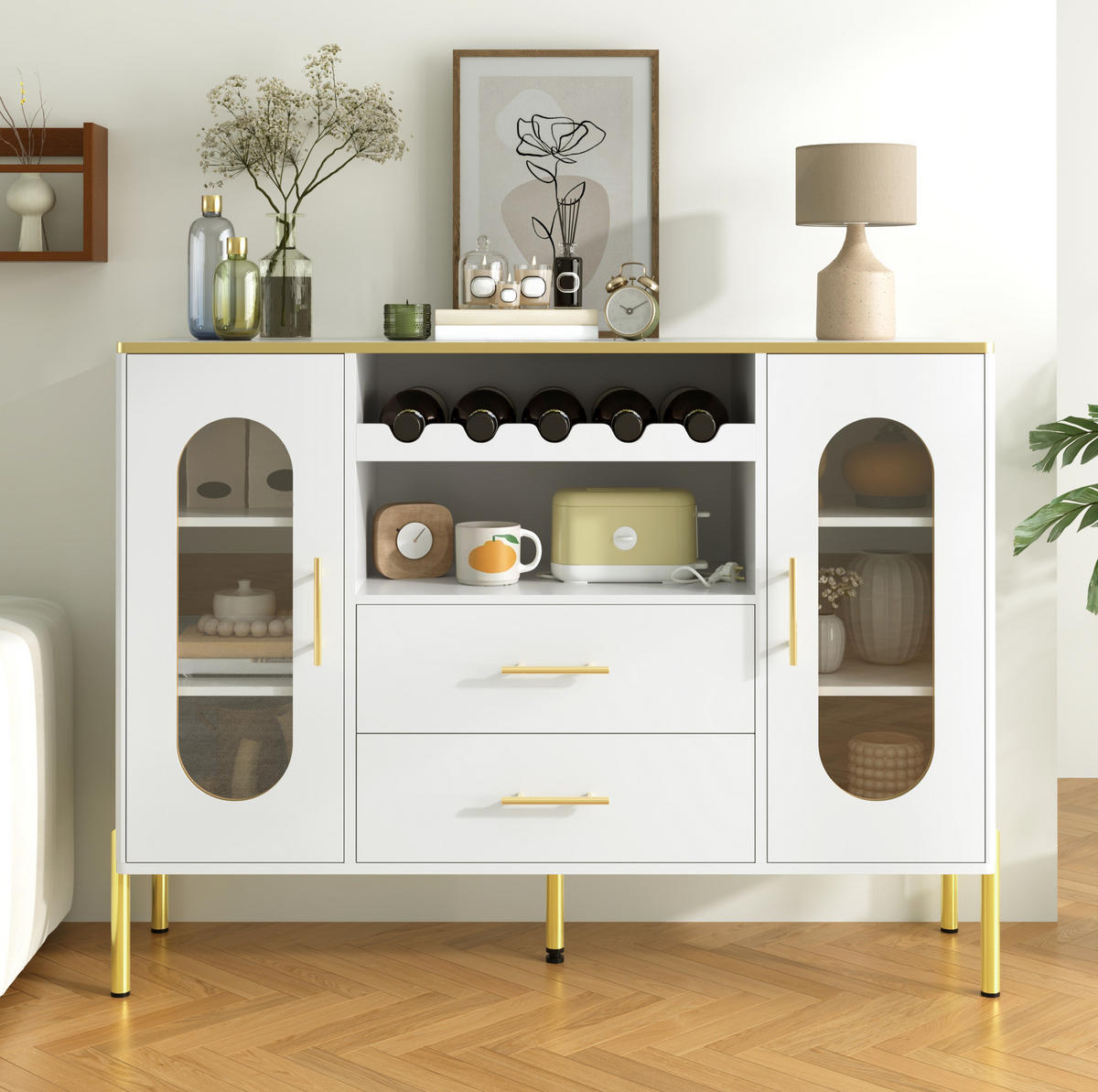 SIDEBOARD 120/38/90 cm Weiß aus MDF mit Glasfronten und Weinregal - Weiß, Holzwerkstoff (120/90/38cm) - OKWISH