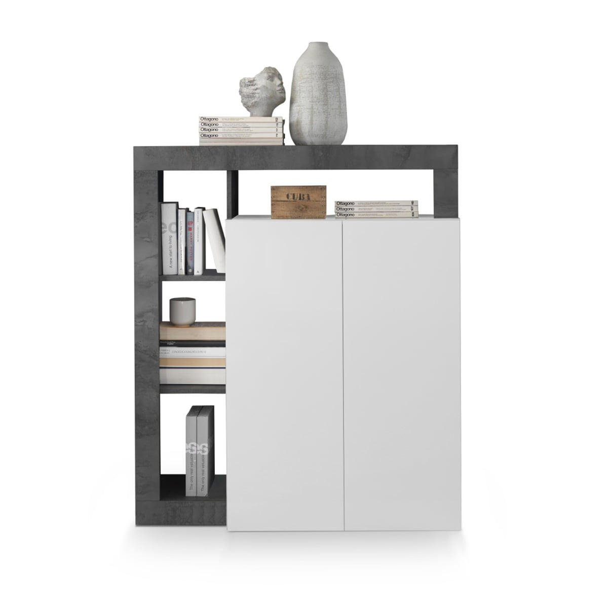 HIGHBOARD mit 2 Türen Frankfurt - L108 cm - Weiß/Grau, Holzwerkstoff (108/127/42cm) - Calicosy