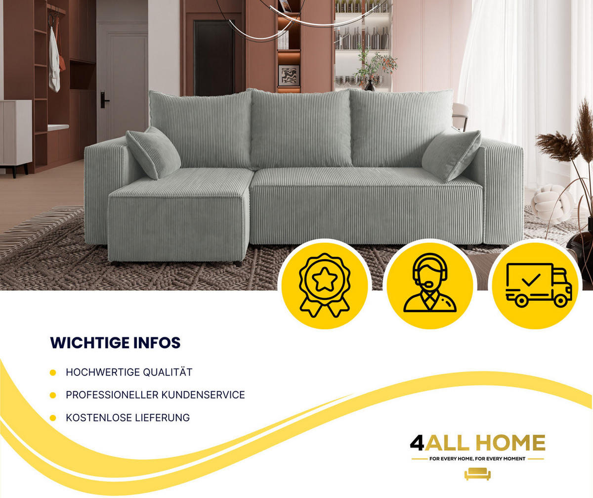 ECKSOFA Tobi mit Bettkasten und Schlaffunktion, L-Form, Cordstoff, Universal - Grau, Holzwerkstoff (246/145cm) - 4ALL HOME