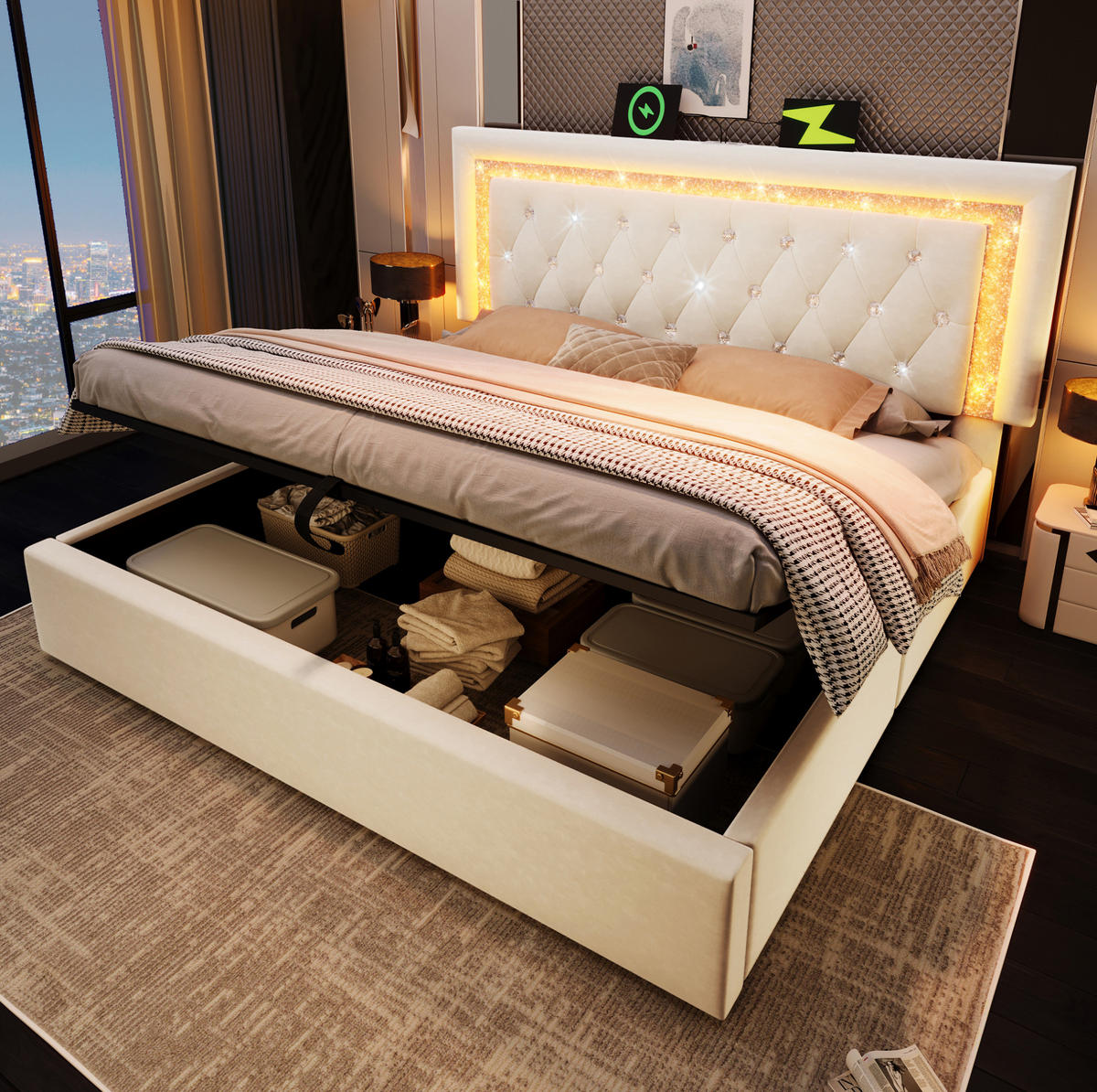 BETT mit LED und Stauraum 140x200 cm Samt Beige inkl. Matratze - Beige, Metall (140/200cm) - Meubliv