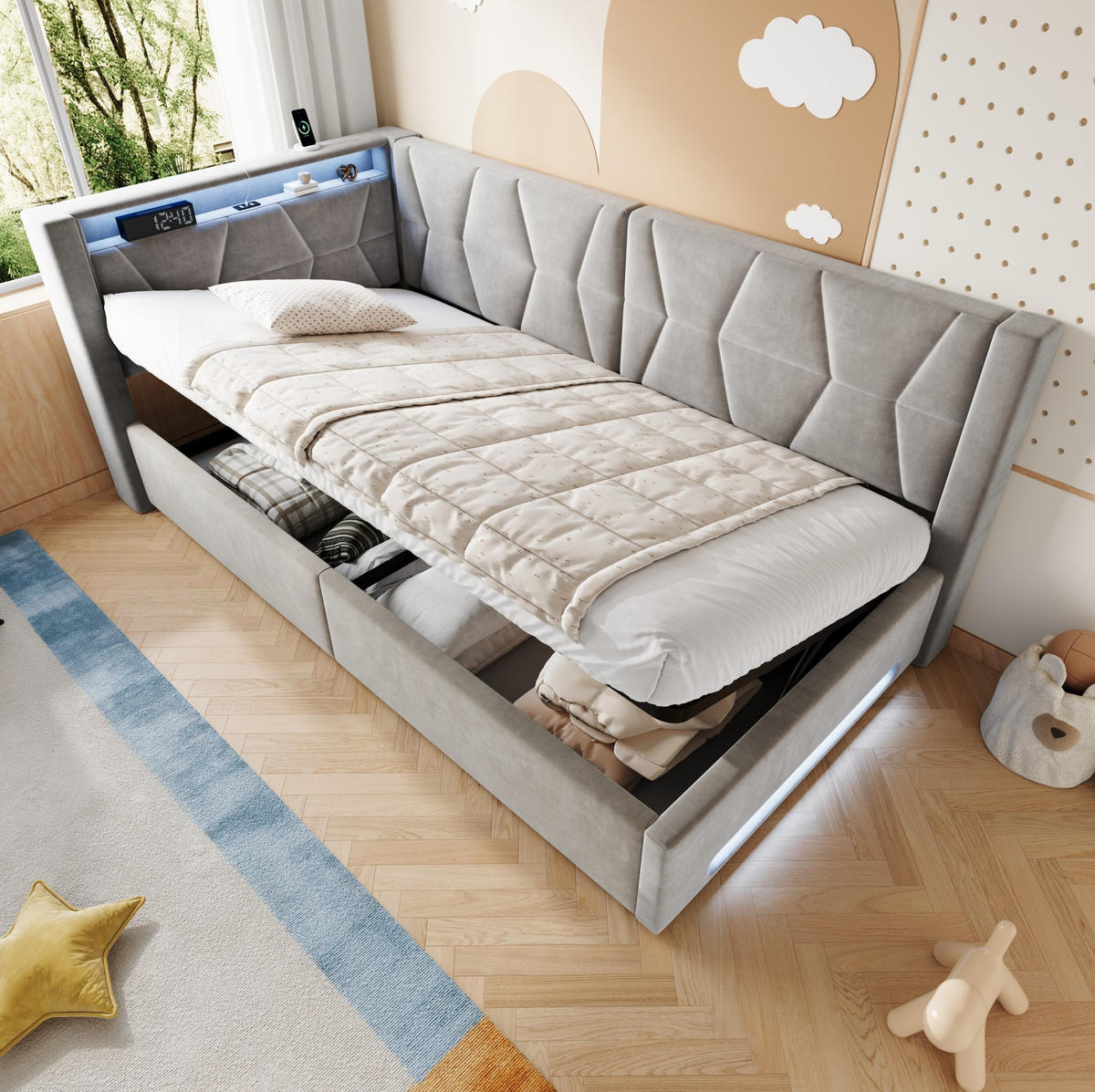 POLSTERBETT 90x200 cm in Dunkelgrau mit Bettkasten, LED-Beleuchtung, USB und Type-C - Dunkelgrau, Metall (90/200cm) - IVMEU
