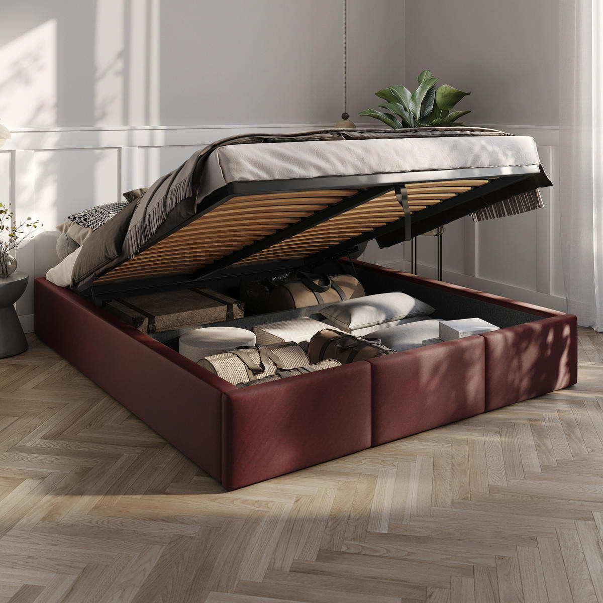 POLSTERBETT für Schlafzimmer Bett mit Stauraum Weinrot 160x200cm - Weinrot, Holzwerkstoff/Textil - Muralo