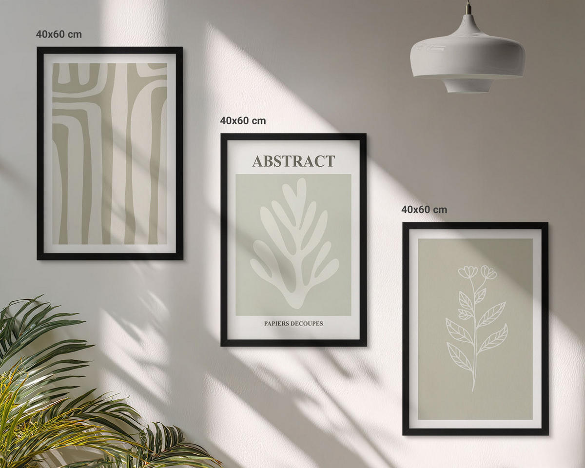 BILDER SET 3er Set - 40x60 cm Schwarzer Rahmen - Abstrakte Pflanzenmuster - Schwarz, Kunststoff (40/60cm) - TULUP