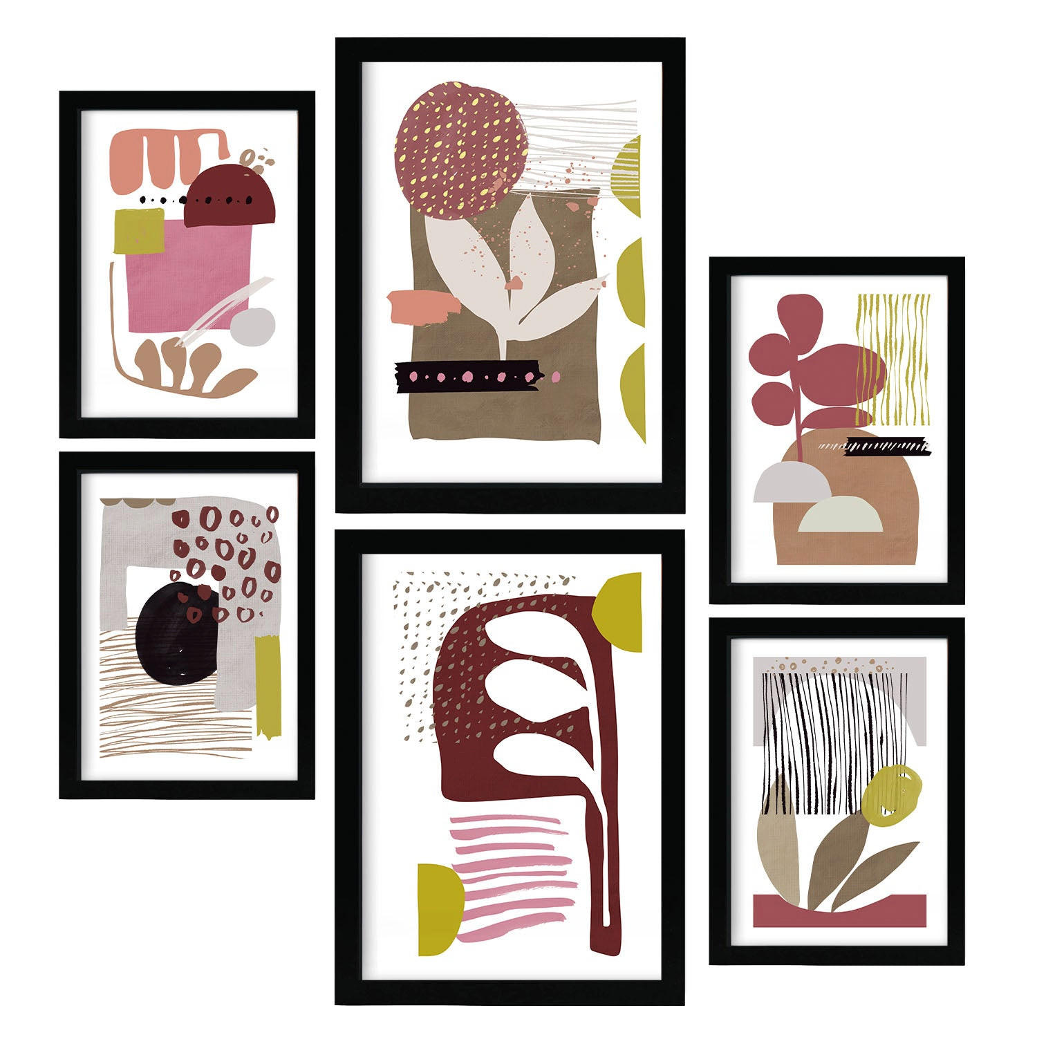 POSTER Set Mit 6 Eigenartige Form 2 In Blume Zusammenfassung A3 & A4 Schwarzer Rahmen - Schwarz, Papier (29/3cm) - Nacnic