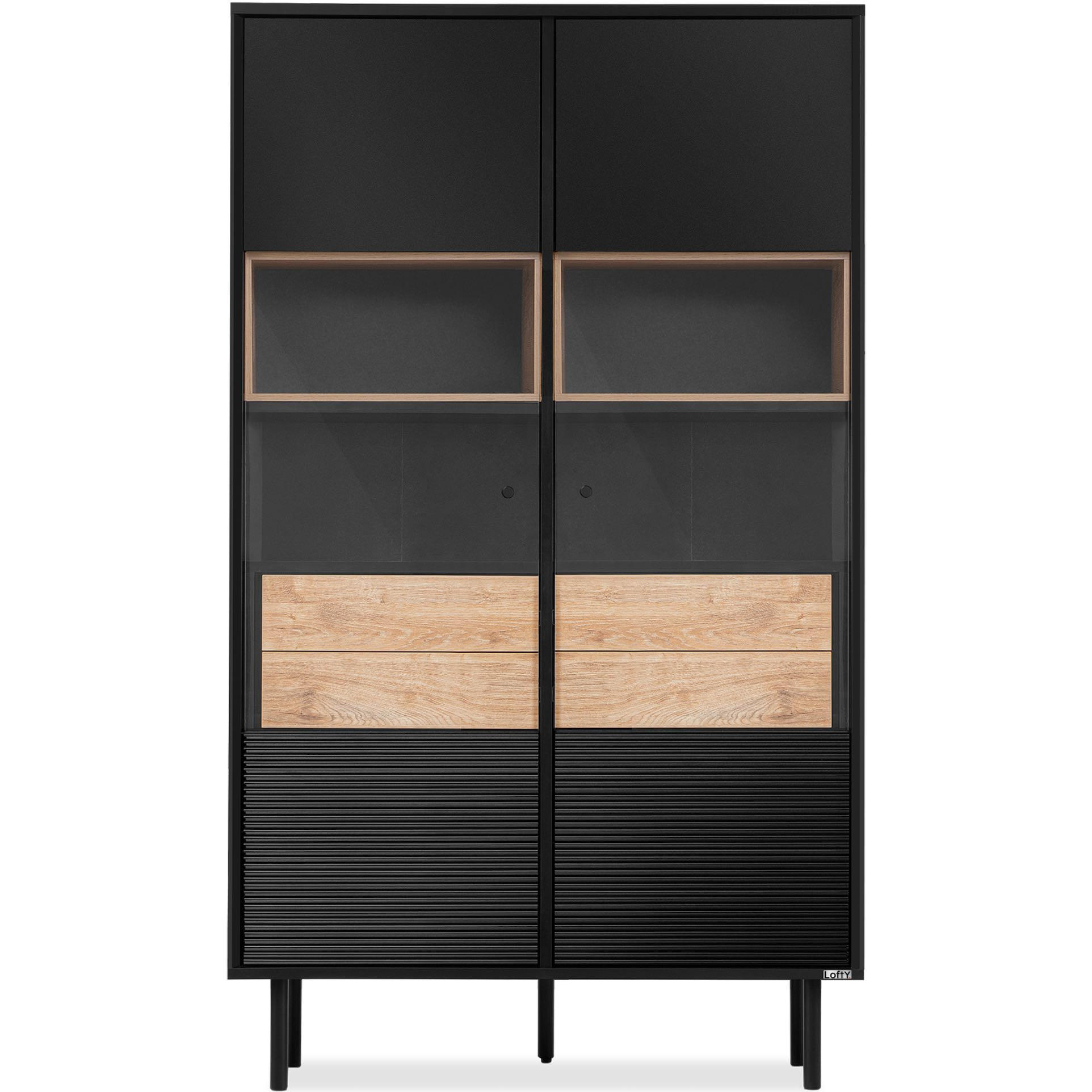 VITRINENSCHRÄNK LOFTY Außenseiteneinlage, schwarz / Eiche natur - Eichefarben/Multicolor, Holzwerkstoff (102/174/41cm) - KONSIMO®