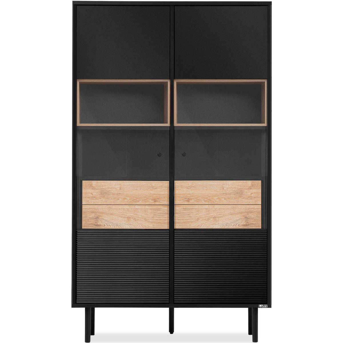 VITRINENSCHRÄNK LOFTY Außenseiteneinlage, schwarz / Eiche natur - Eichefarben/Multicolor, Holzwerkstoff (102/174/41cm) - KONSIMO®