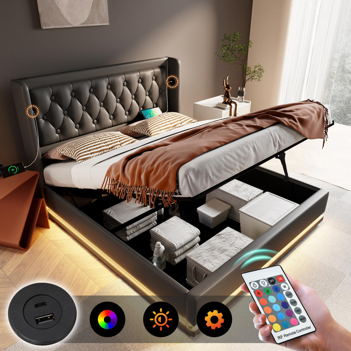 POLSTERBETT 160/200 cm Schwarz aus PU mit Stauraum, LED und USB Typ-C - Schwarz, Kunststoff (160/200cm) - OKMYHOME