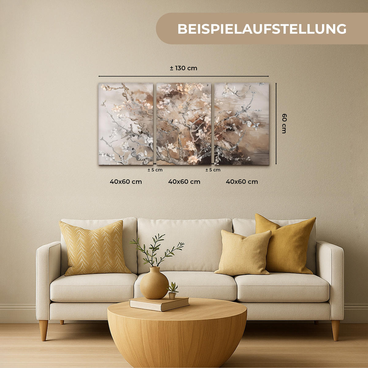 OBRAZ NA PLÁTNĚ 3dílná sada Mandlový květ - abstraktní - béžový 120x60 cm - béžová, textil (120/60cm) - MuchoWow