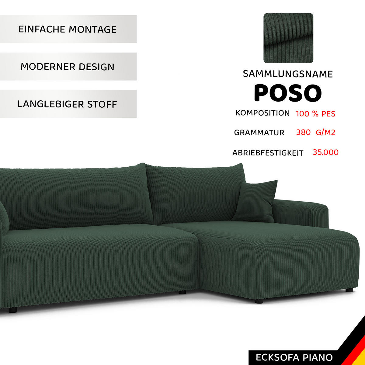 ECKSOFA mit Schlaffunktion und Bettkasten, Grün - Grün, Holzwerkstoff/Textil (145/278cm) - Idohome